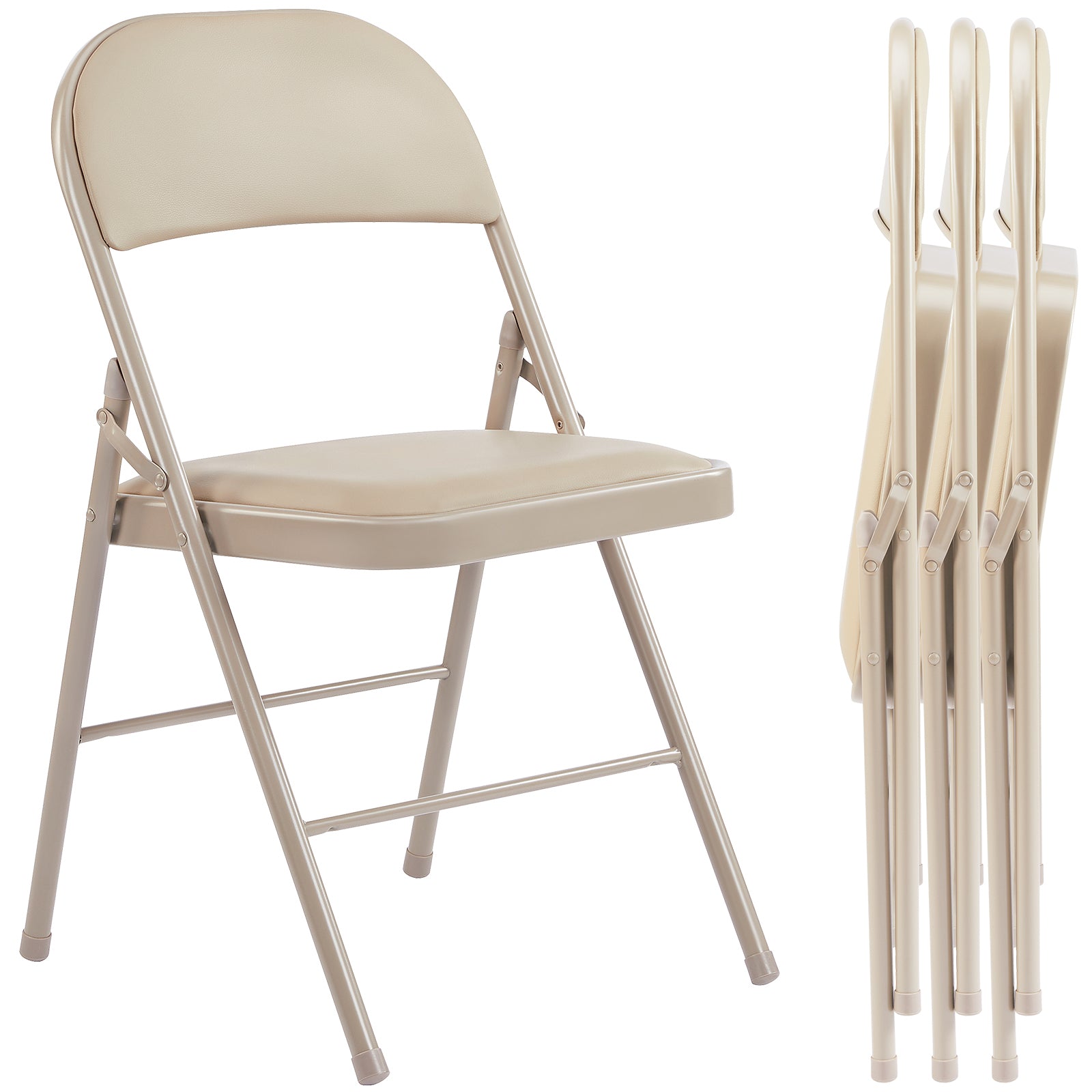 Folding Chair 2 Pack, Leather Padded Folding Chairs, Sturdy Metal Foldable Chairs, For Home, Office, Party, Khaki 4 Pack Khaki Stainless Steel