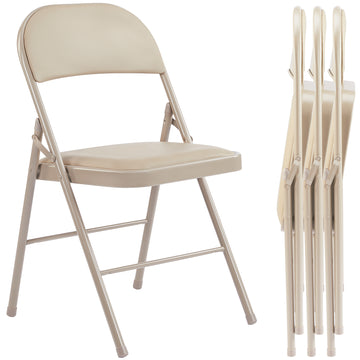 Folding Chair 2 Pack, Leather Padded Folding Chairs, Sturdy Metal Foldable Chairs, For Home, Office, Party, Khaki 4 Pack Khaki Stainless Steel