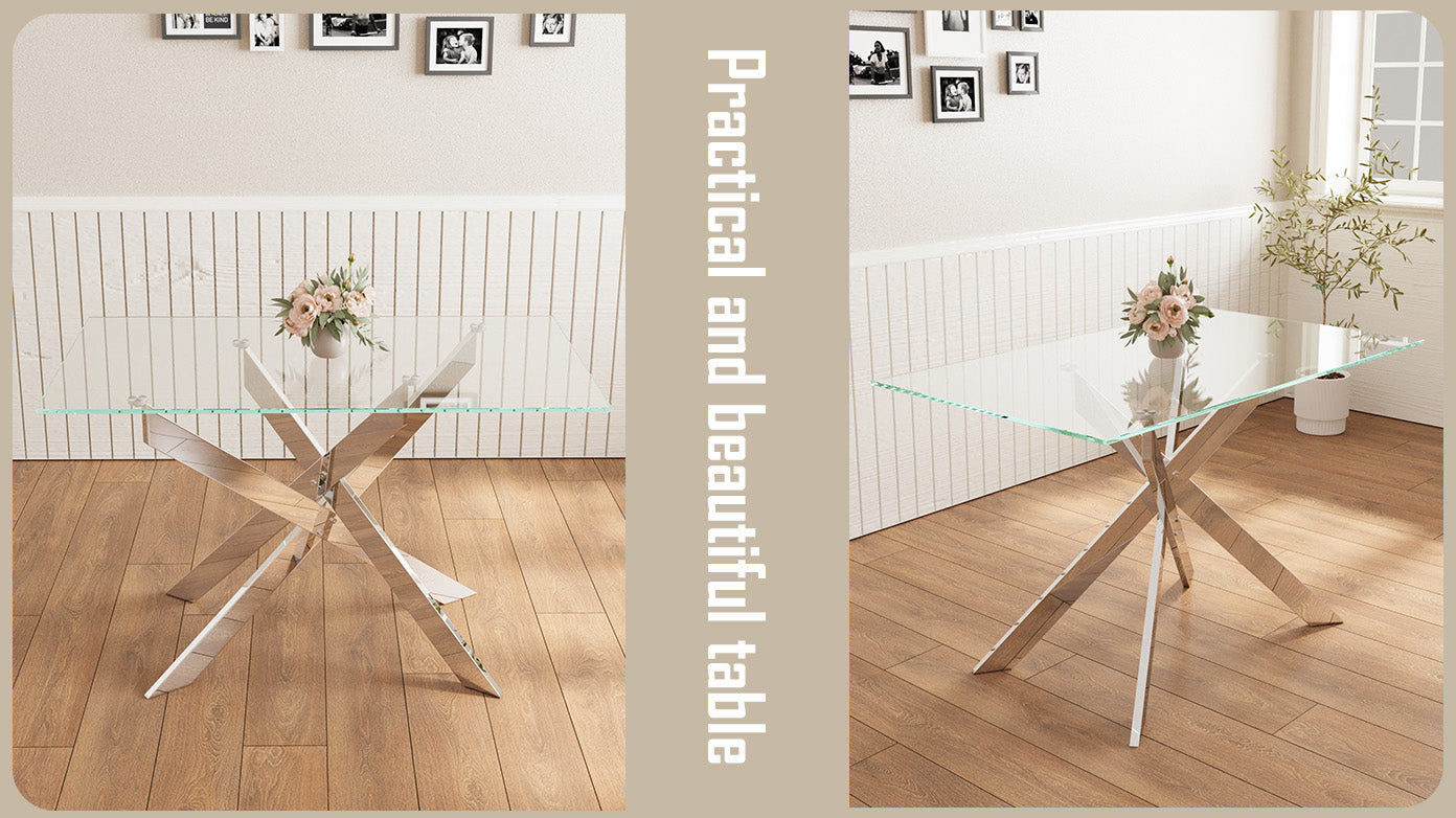47.2 Inch Modern Minimalist Tempered Glass Coffee Table, Metal Leg Rectangular Dining Table, Transparent Glass Living Room Dining Table, 47.2 Inch X27.5 Inch 29.5 Inch Small Space Suitable