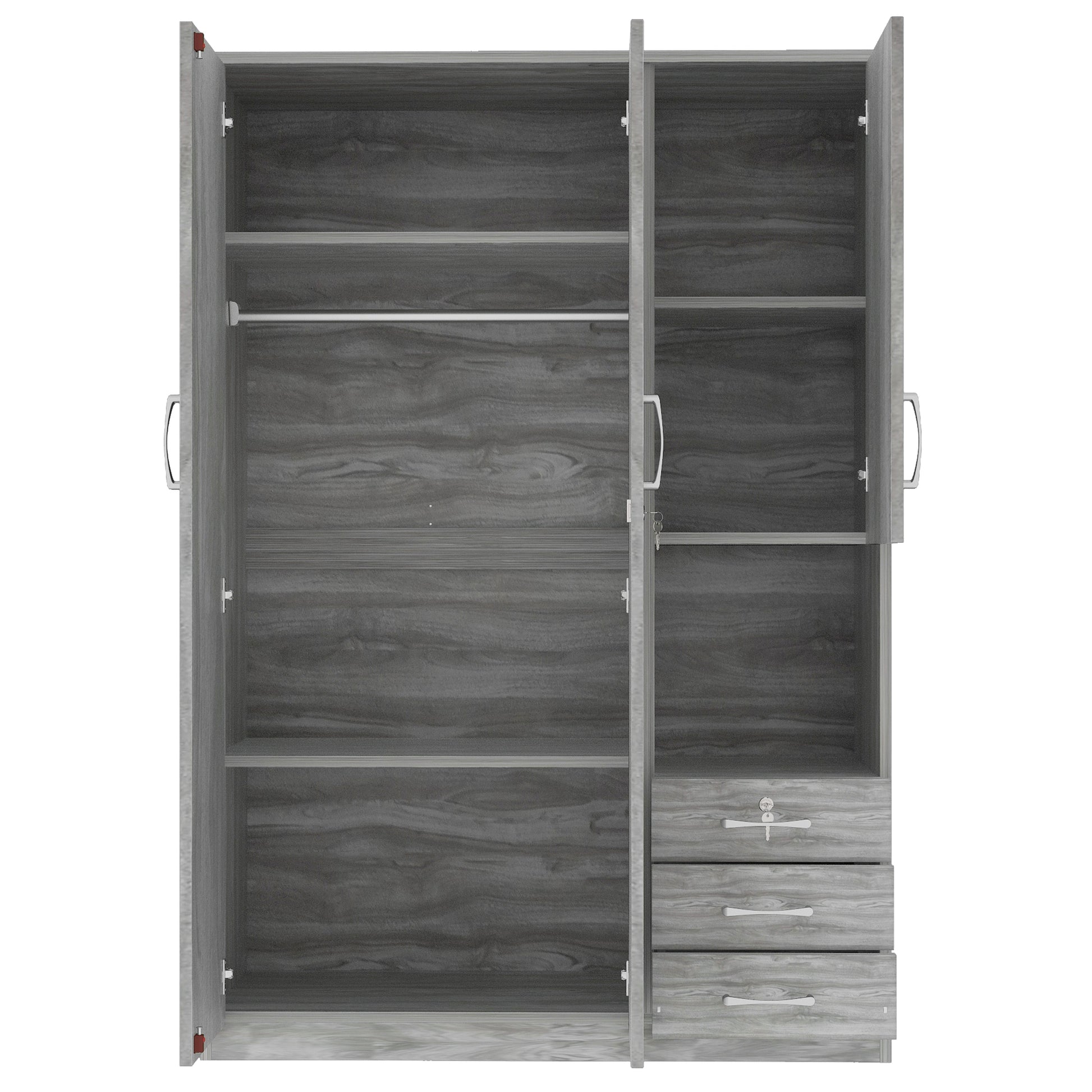 2 Doors Wooden Wardrobe Storage For Bedroom, With Shelves And 3 Drawers, Gray Gray Particle Board