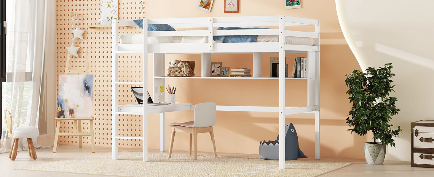 Twin Loft Bed With Built In Desk And Bookcase Of Three Compartments, Guardrails And Ladder,White Twin White Pine