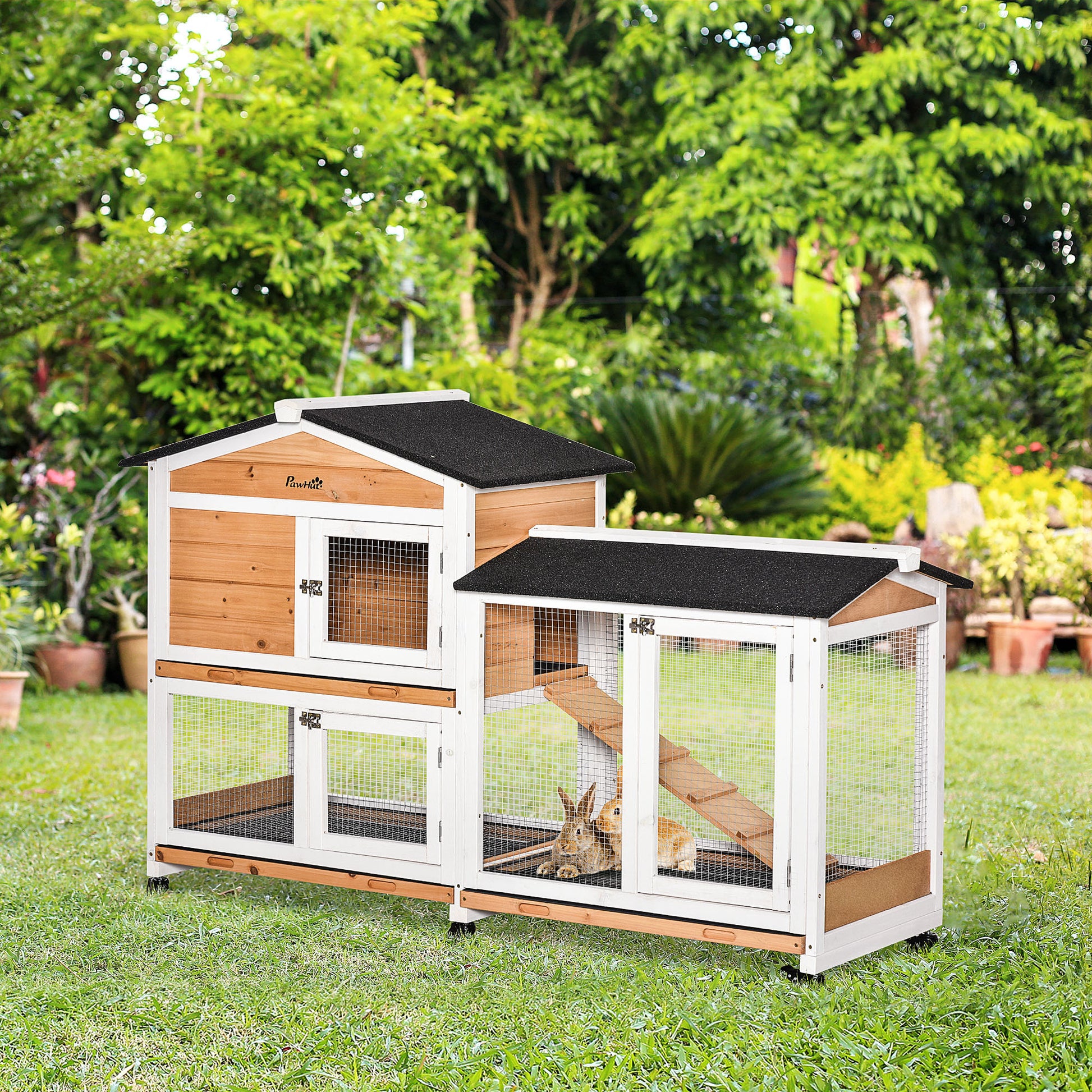 Pawhut 62" Rabbit Hutch, Wooden Bunny Hutch, Guinea Pig Cage, Small Animal Enclosure With Wheels, Run Area, Removable Tray, Asphalt Roof, Lockable Doors And Ramp, Nature Wood Natural Wood Wood