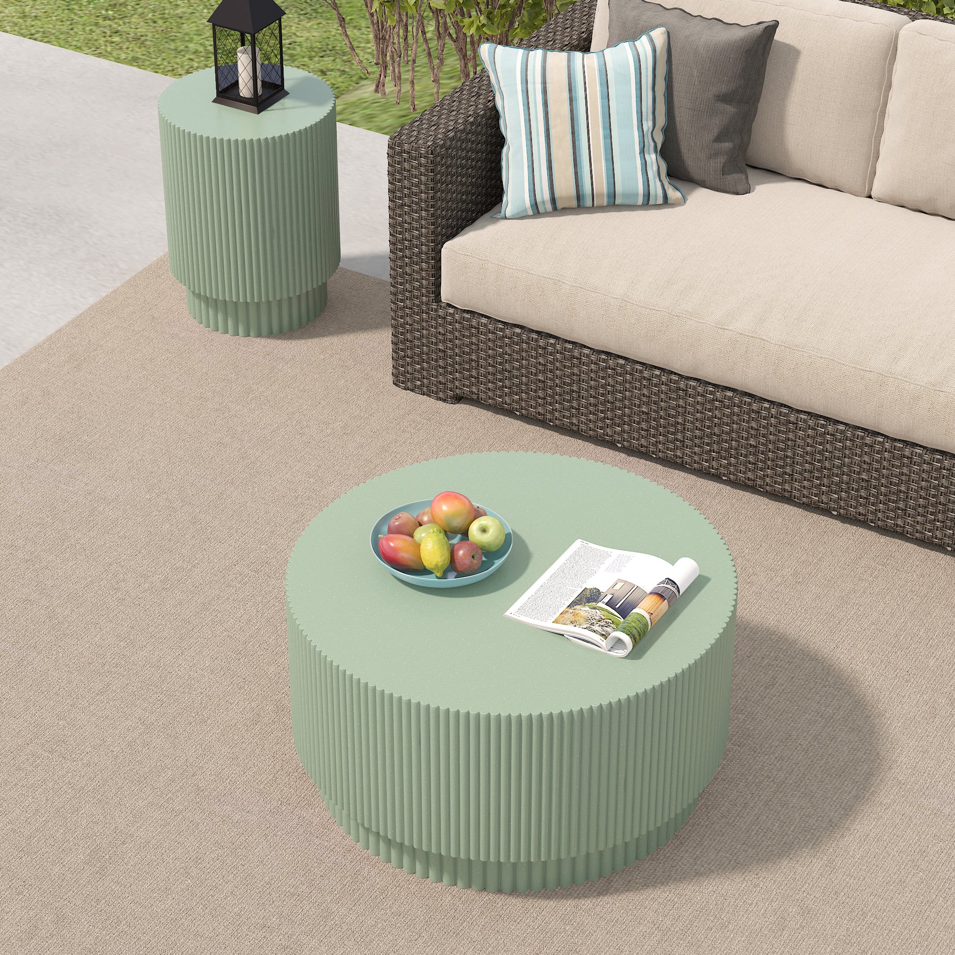 15.72 Inch H Barrel Coffee Table, Nordic Style, Simple Design, Suitable For Indoor And Outdoor Use, Magnesium Oxide Material, Suitable For Living Room, Bedroom Or Garden Sofa Light Green Magnesium