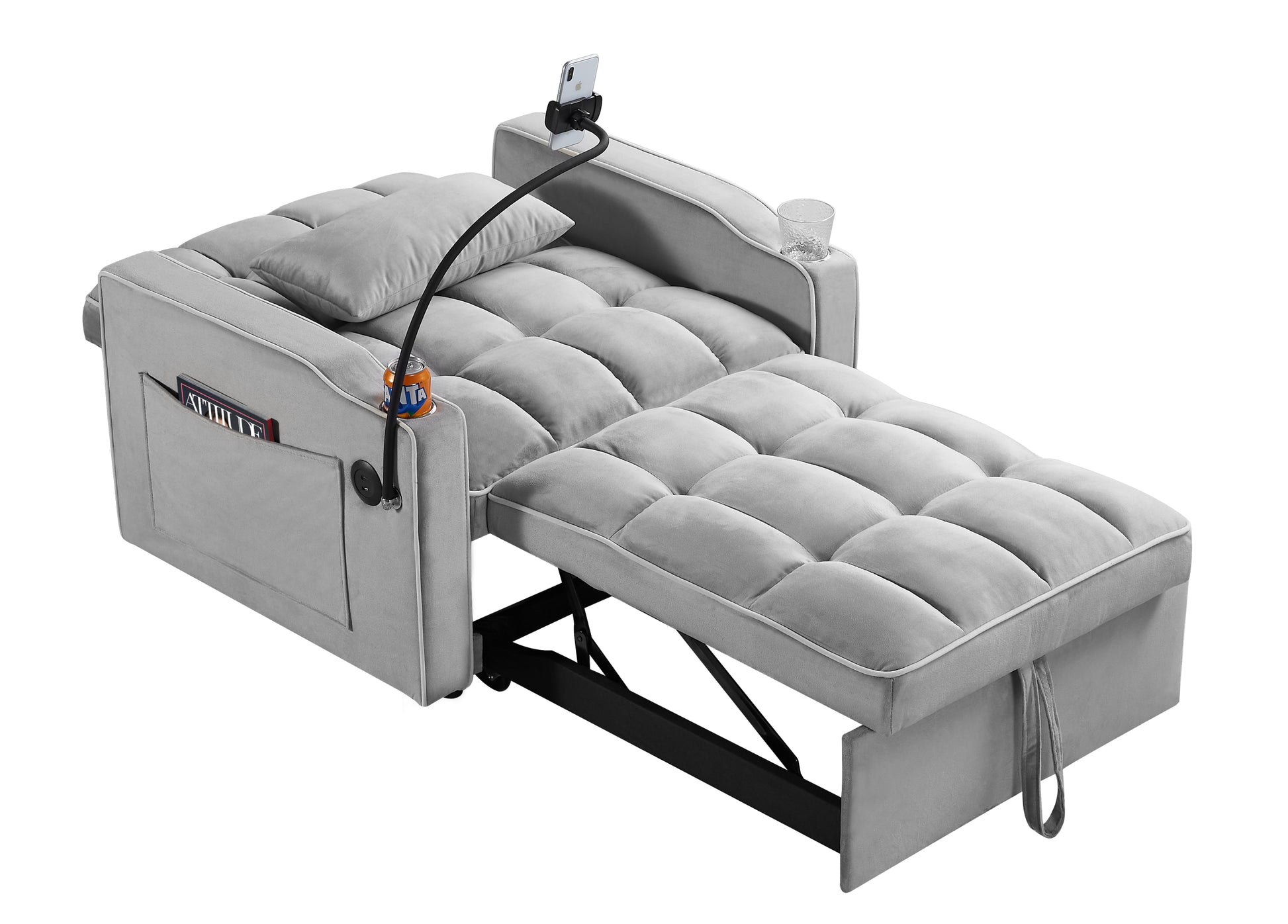 Convertible Sleeper Chair Sofa Bed Adjustable Pull Out Sleeper Chair Bed Multi Pockets Folding Sofa Bed For Living Room Bedroom Small Space,3 In 1 Sofa Bed Grey Velvet Wood Soft Tufted Back Heavy Duty American Design,American Traditional Square Arms