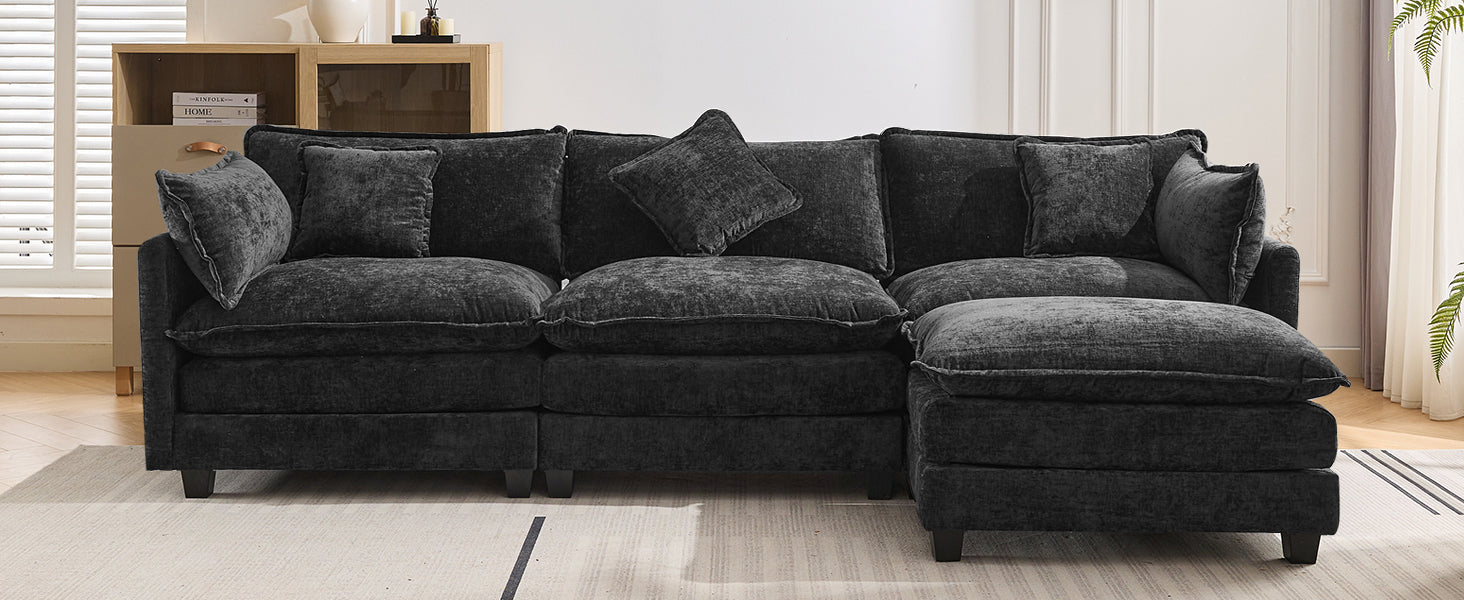 112.2" L Shape Chenille Upholstered Sofa For Living Room Modern Luxury Sofa Couch With Ottoman And 5 Pillows For Living Room Sg001160Aa , Black Black Foam 4 Seat