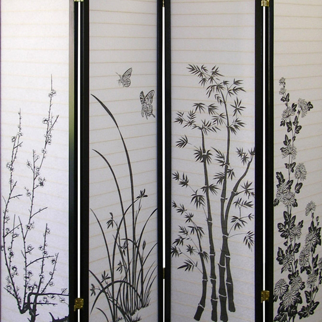 70" Tall 4 Panel Screen Room Divider, Floral Design With Black Finish Black Wood