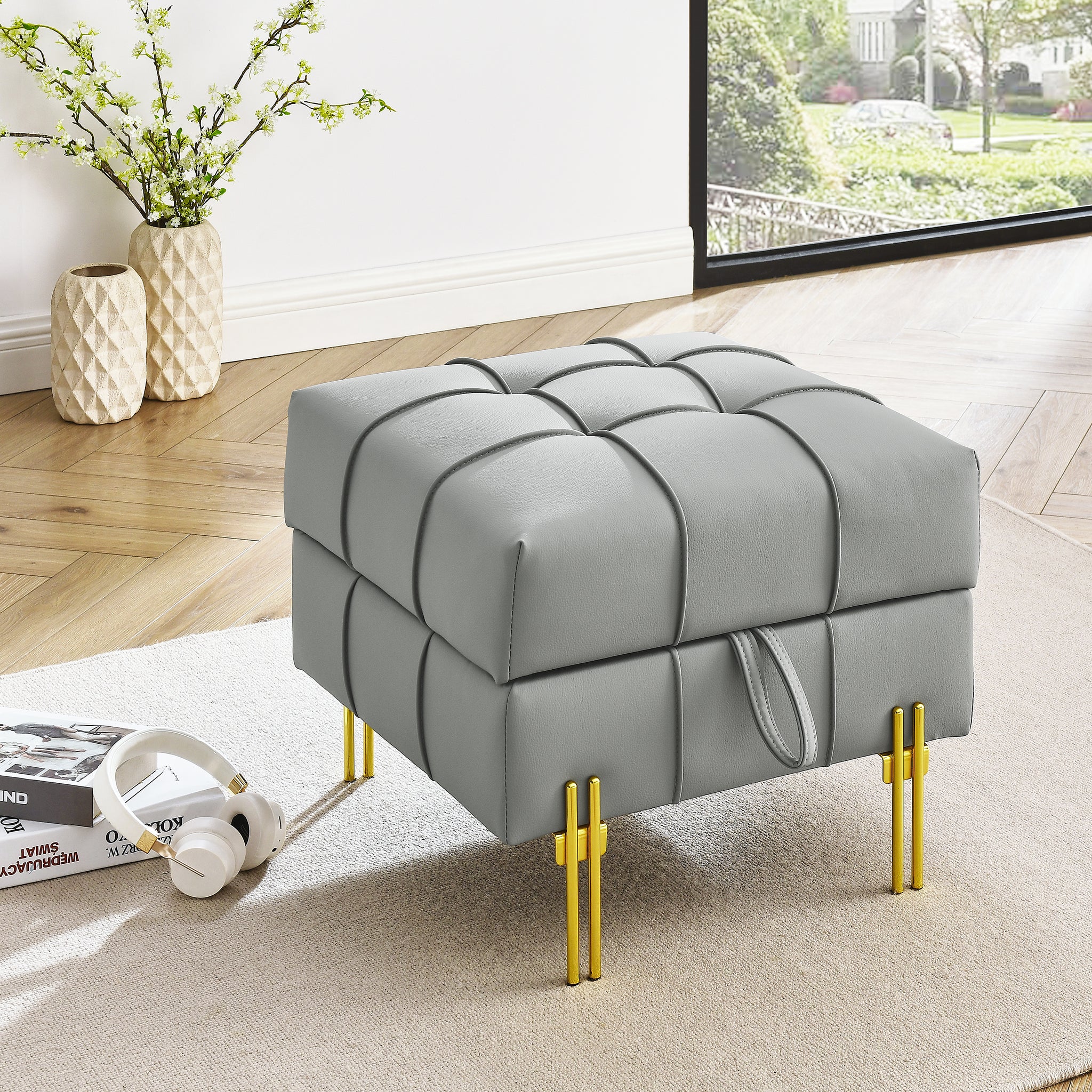 22 Inches Anti Scratch Leather Storage Ottoman, Pet Friendly Entryway Bench With Golden Stainless Steel Legs, Gray Gray Leather