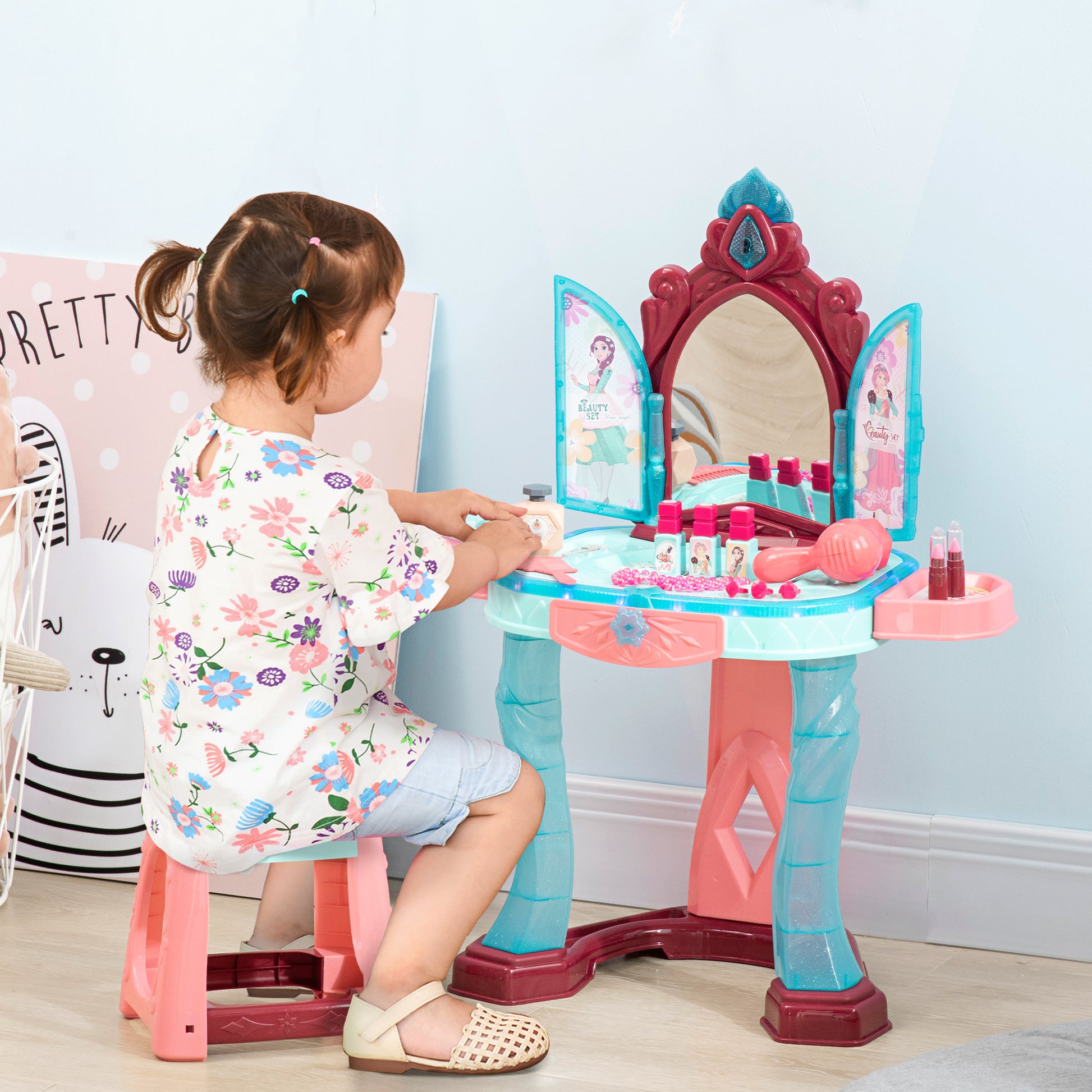 Qaba Kids Vanity Set With Self Opening Magic Mirror, Princess Makeup Vanity Table Set With Music, Tabletop With Lights, Imaginative Toy For 3 6 Years Old Child Blue Plastic