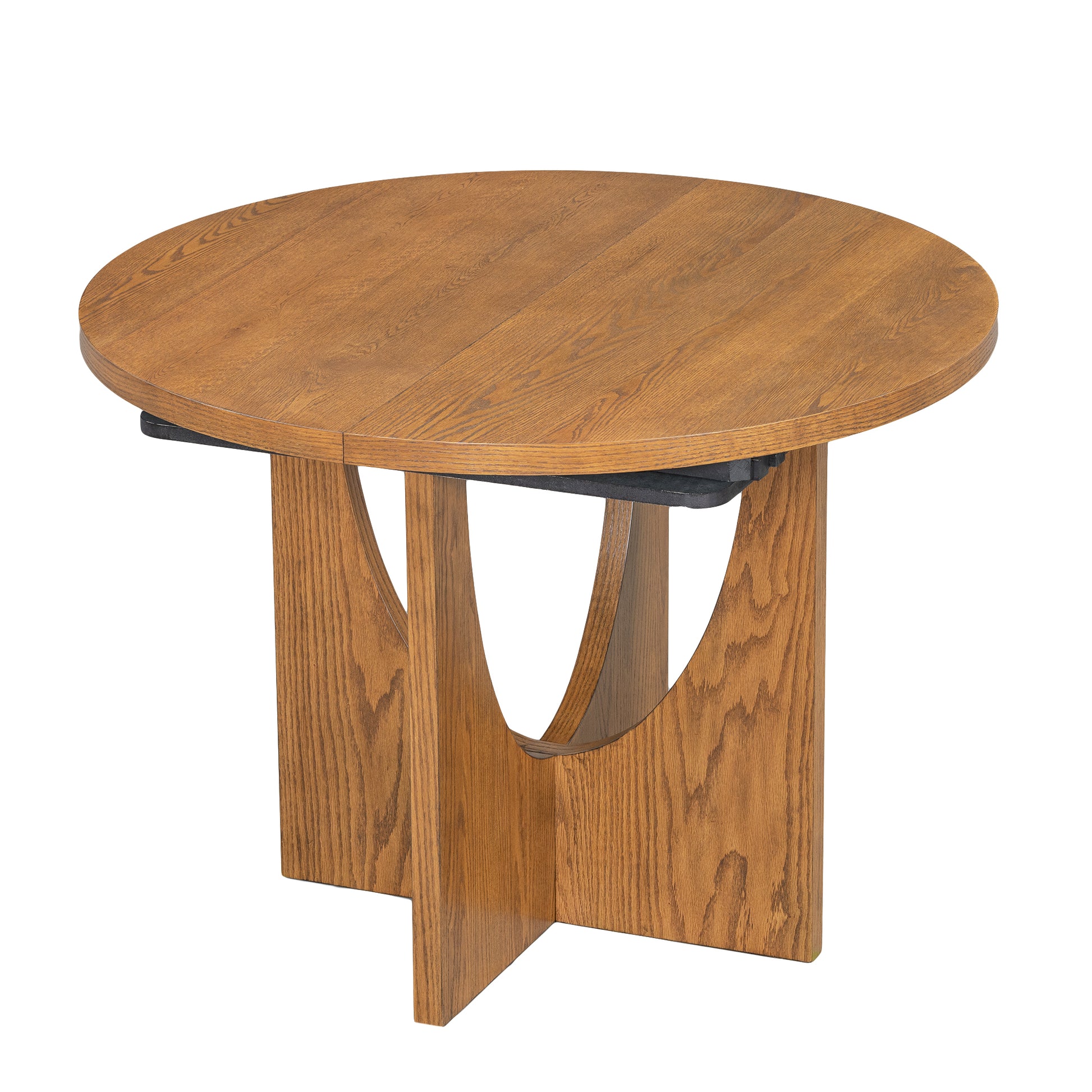 Modern 5 Piece Extendable Round Dining Table Set With 16.2Inch Removable Leaf For Small Places, Walnut Beige Wood Dining Room Solid Wood Rubberwood Round Dining Table With Chair Upholstered Chair Wood Walnut Seats 4 Removable Leaf Contemporary Round