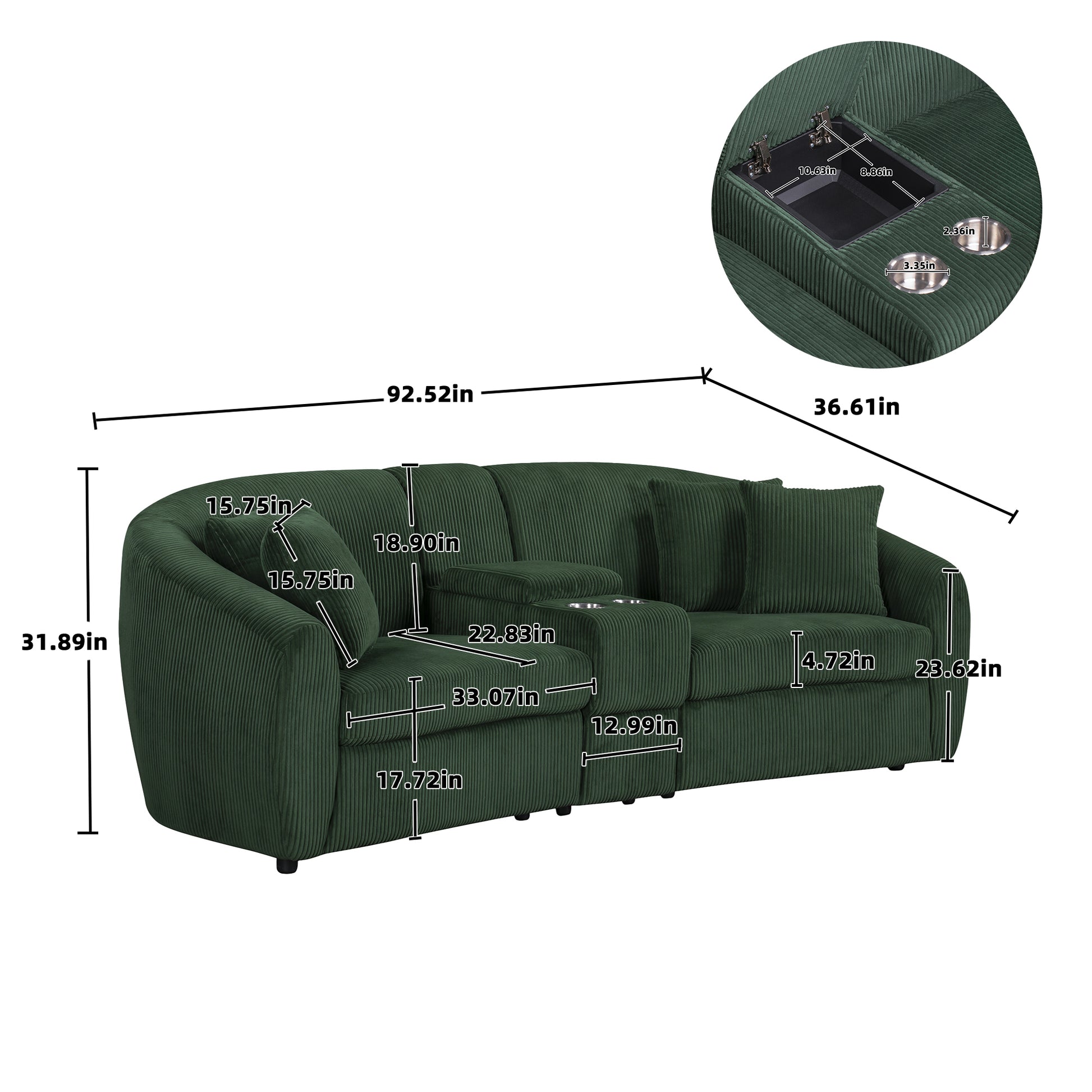 United We Win Corduroy Fabric, Two Cup Holders, Storage, Oversized Two Seat, Solid Wood Frame, High Quality Sponge Filling, Curved Placement Sofa Emerald Corduroy 2 Seat