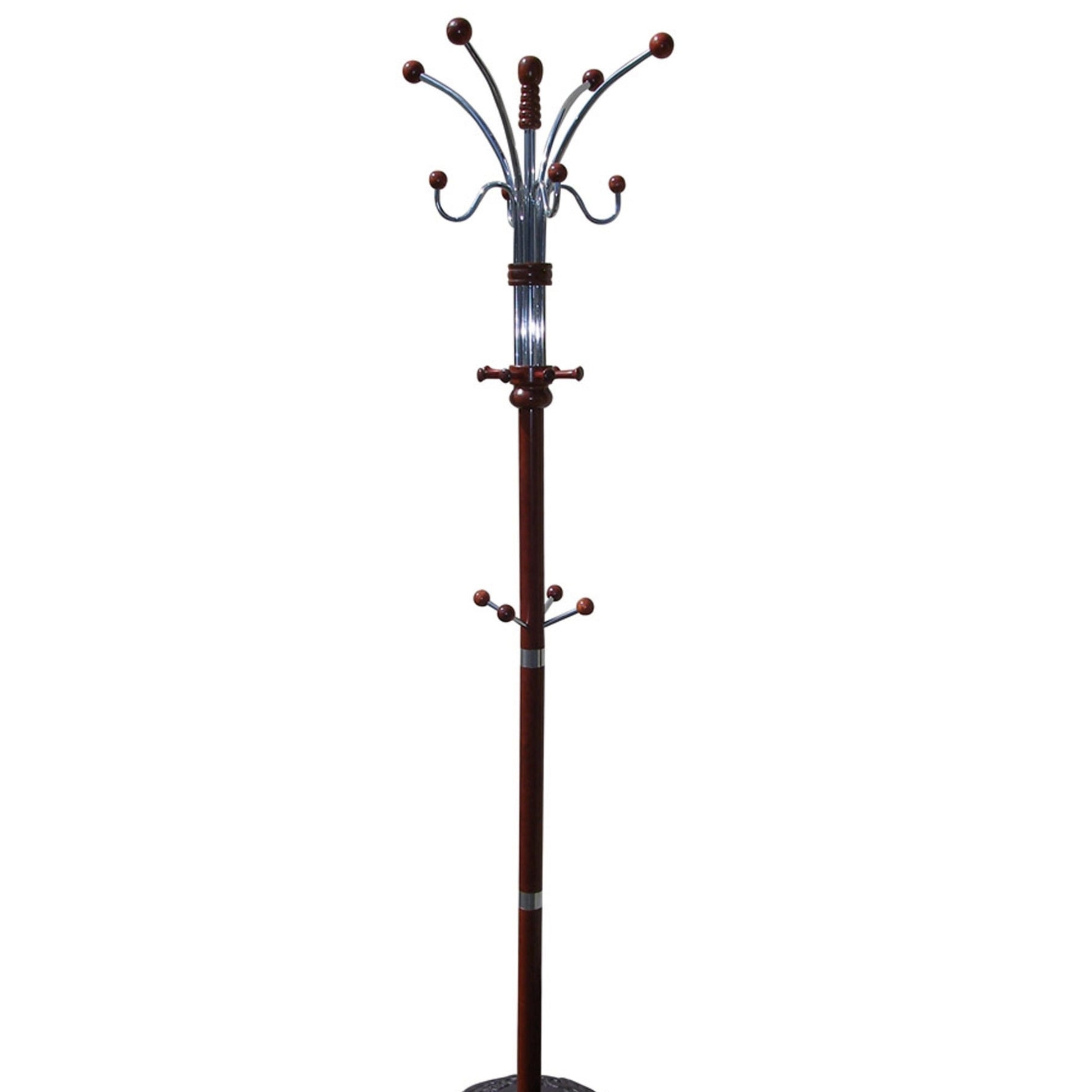 73" Tall Chrome And Wood Coat Rack, Cherry Finish Cherry Wood