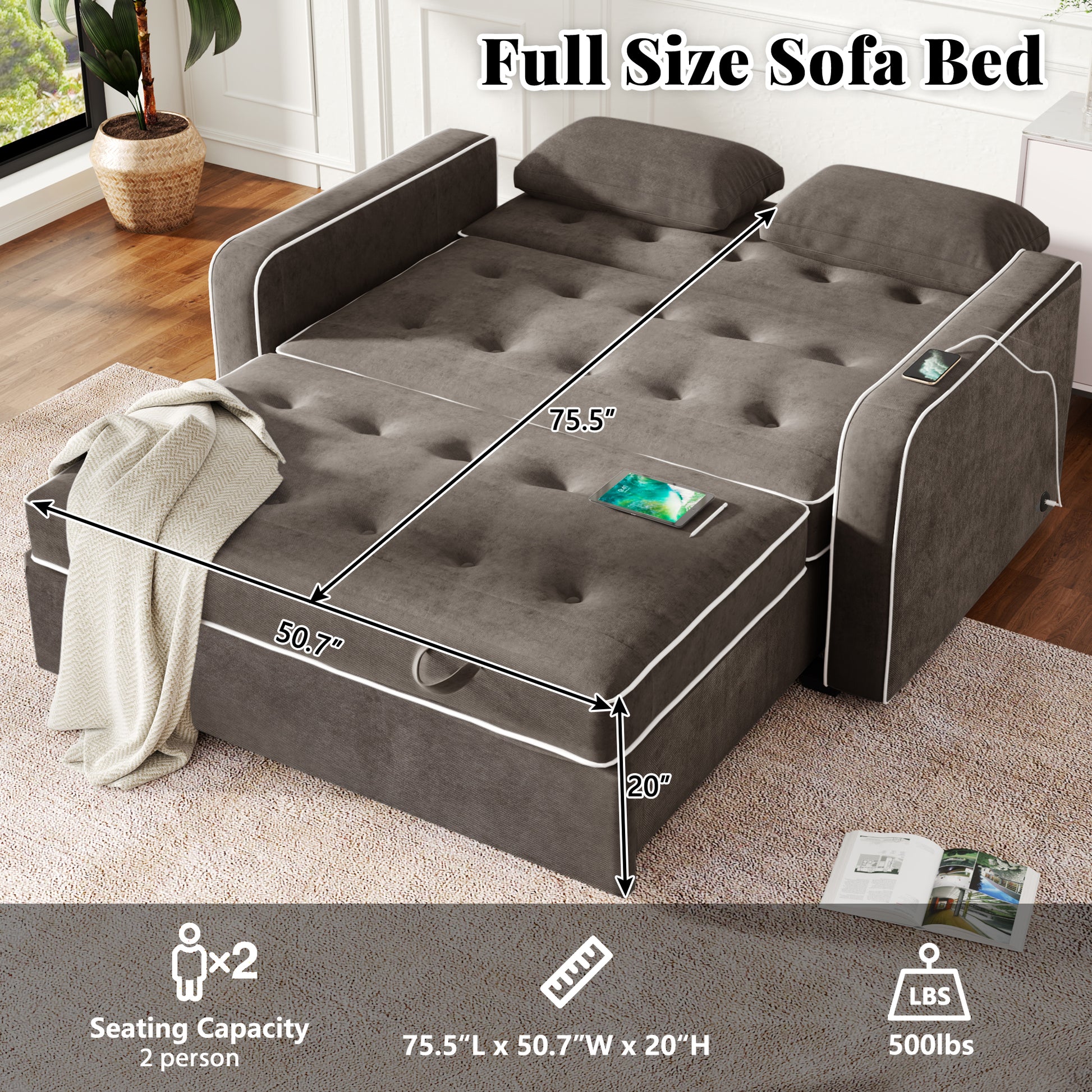 66.5" Upholstered Sleeper Bedpull Out Sofa Bed Couch Attached Two Throw Pillows,Dual Usb Charging Port And Adjustable Backrest For Living Room Space,Brown Gray Brown Gray Foam Polyester 2 Seat