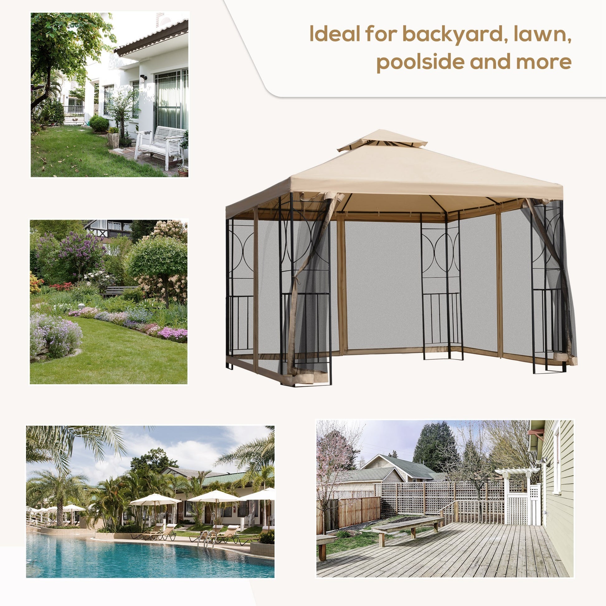 Outsunny 10' X 10' Patio Gazebo With Corner Shelves, Outdoor Gazebo Canopy Shelter With Netting, And Vented Roof, For Garden, Lawn, Backyard And Deck Multicolor Polyester