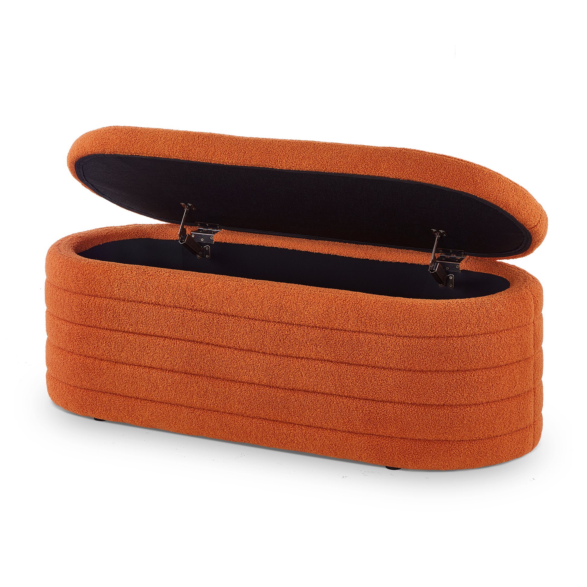 Modern Oval Storage Ottoman Bench, Upholstered Boucle Teddy Fabric End Of Bed Bench With Storage, End Of Bed Stool With Safety Hinge For Bedroom, Living Room, Entryway, Orange Orange Primary Living Space Oval Black American Design,Contemporary,Luxury,Mid