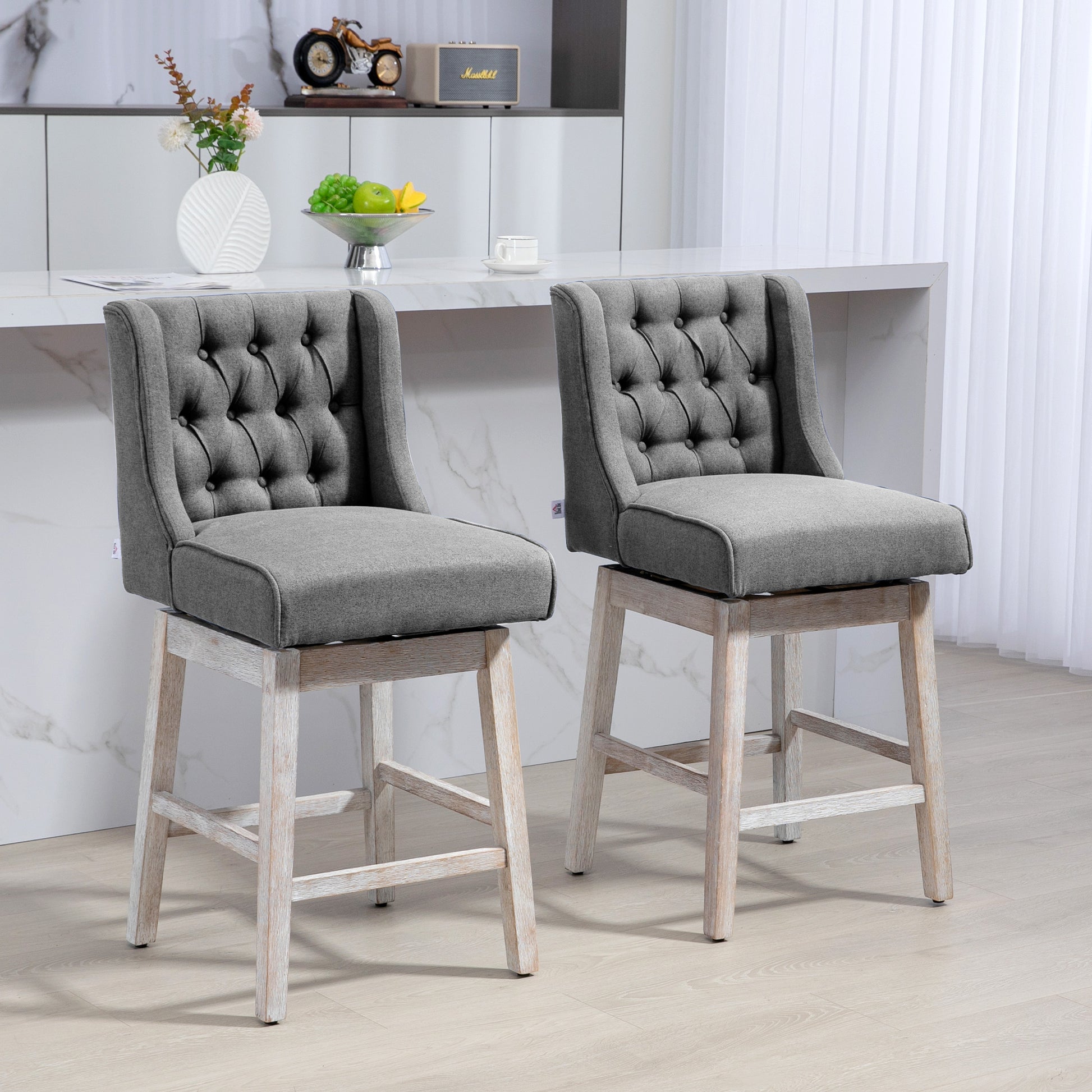 Homcom Counter Height Bar Stools Set Of 2, 180 Degree Swivel Barstools, 27" Seat Height Bar Chairs With Solid Wood Footrests And Button Tufted Design, Gray Gray Rubber Wood