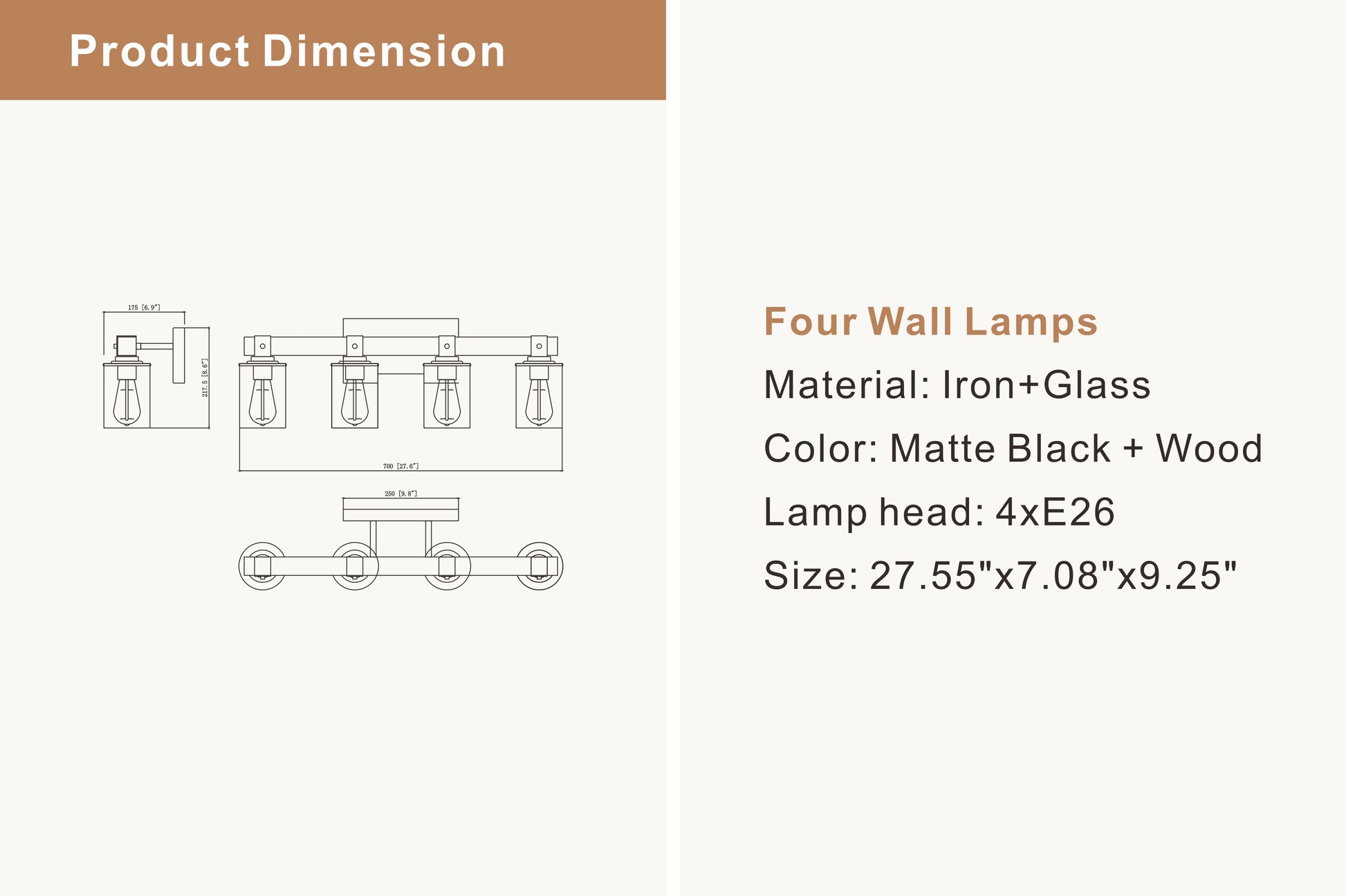 4 Light E26 Bulb Industrial Style Farmhouse Wall Lightrustic Wood Bathroom Vanity Lights With Clear Glass, Modern Iron Wall Sconce For Bedroom, Kitchen, Hallway Matte Black,Wood Modern Glass,Iron