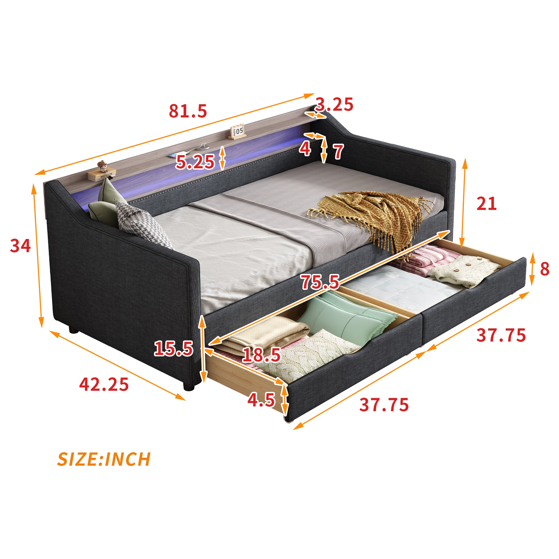 Twin Size Daybed With 2 Storage Drawers And 2 Tier Shelf & Usb Type C Port, Modern Linen Upholstered Sofa Day Bed Frame With Smart Led Light For Livingroom, Apartment, Dark Grey Box Spring Not