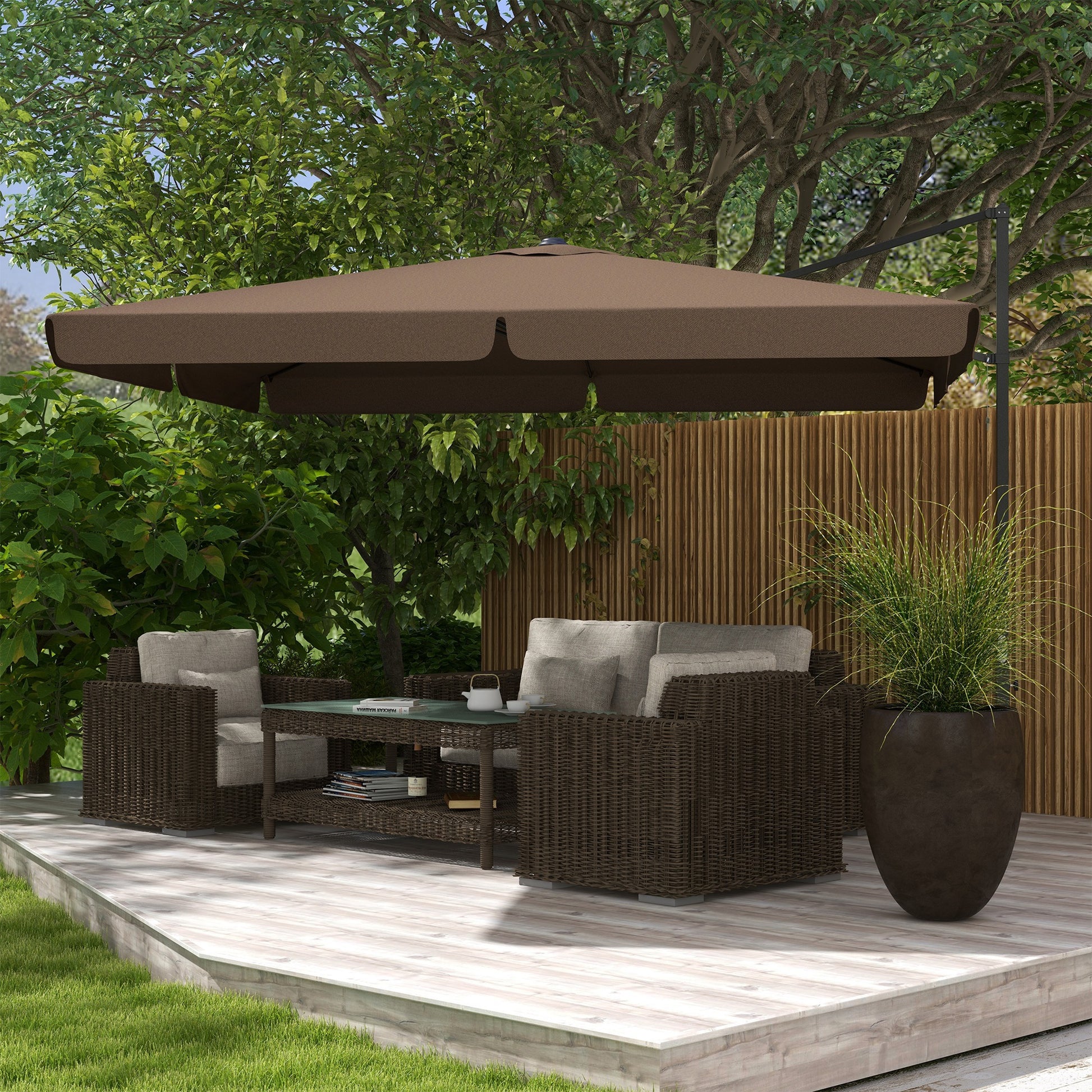Outsunny 10' Cantilever Patio Umbrella, Square Offset Umbrella With Tilt, Crank, Cross Base, Aluminum Pole And Air Vent, Hanging Umbrella For Garden, Pool, Backyard, Tan Brown Aluminum