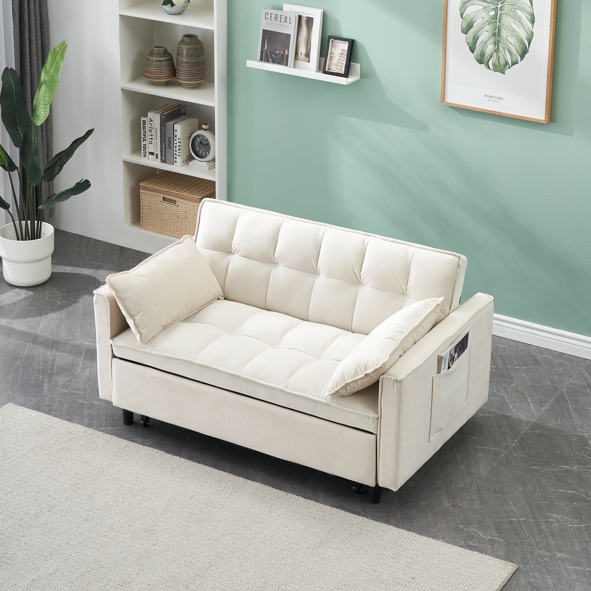 Modern Velvet Sofa, Sofa Pull Out Bed, Smallseat Casual Sofa With Back, With Pillow, Pockets, Living Room Furniture, 3 In 1 Convertible Sleep Sofa Bed. Beige Velvet 2 Seat