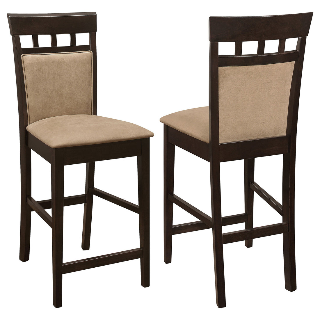 Upholstered Panel Back Counter Height Stool With Fabric Seat, Brown & Beige, Set Of 2 Brown Beige Wood Fabric