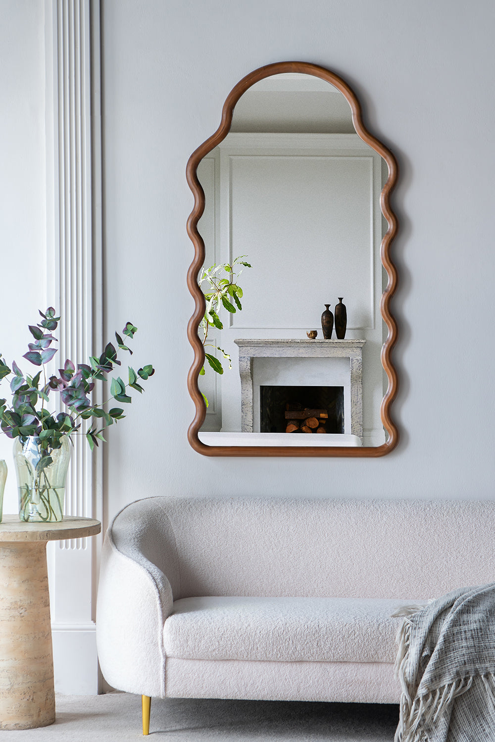 30X1.5X55" Arch Wood Mirror With Unique Frame Brown Pine