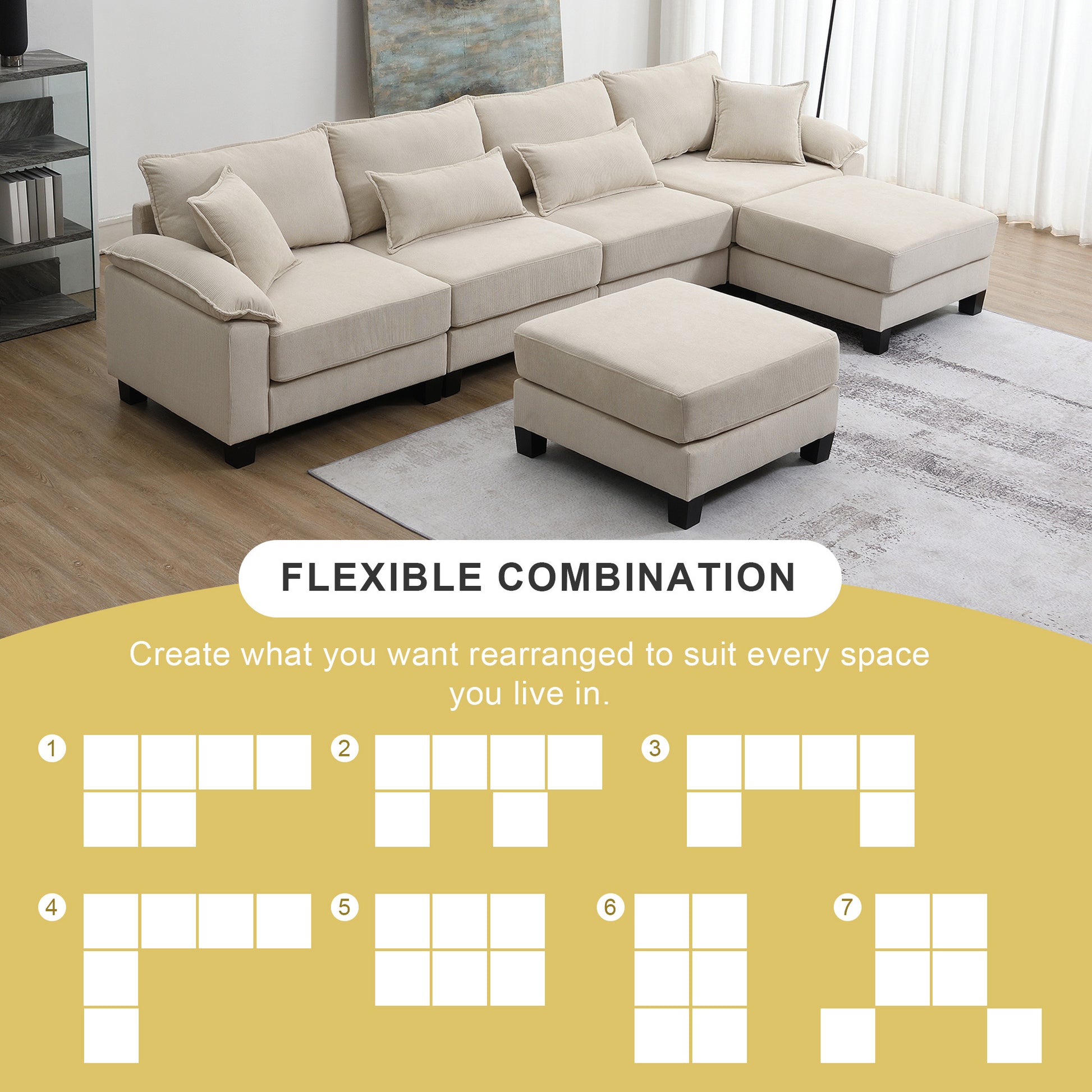 Wide Seat Corduroy Modular Sectional Sofa Bed,Sleeper Couch Set With Armrest Pillow,6 Seat Free Combination Sofa With Ottomans,Oversized Indoor Furniture For Living Room, 2 Colors Beige Corduroy 6 Seat