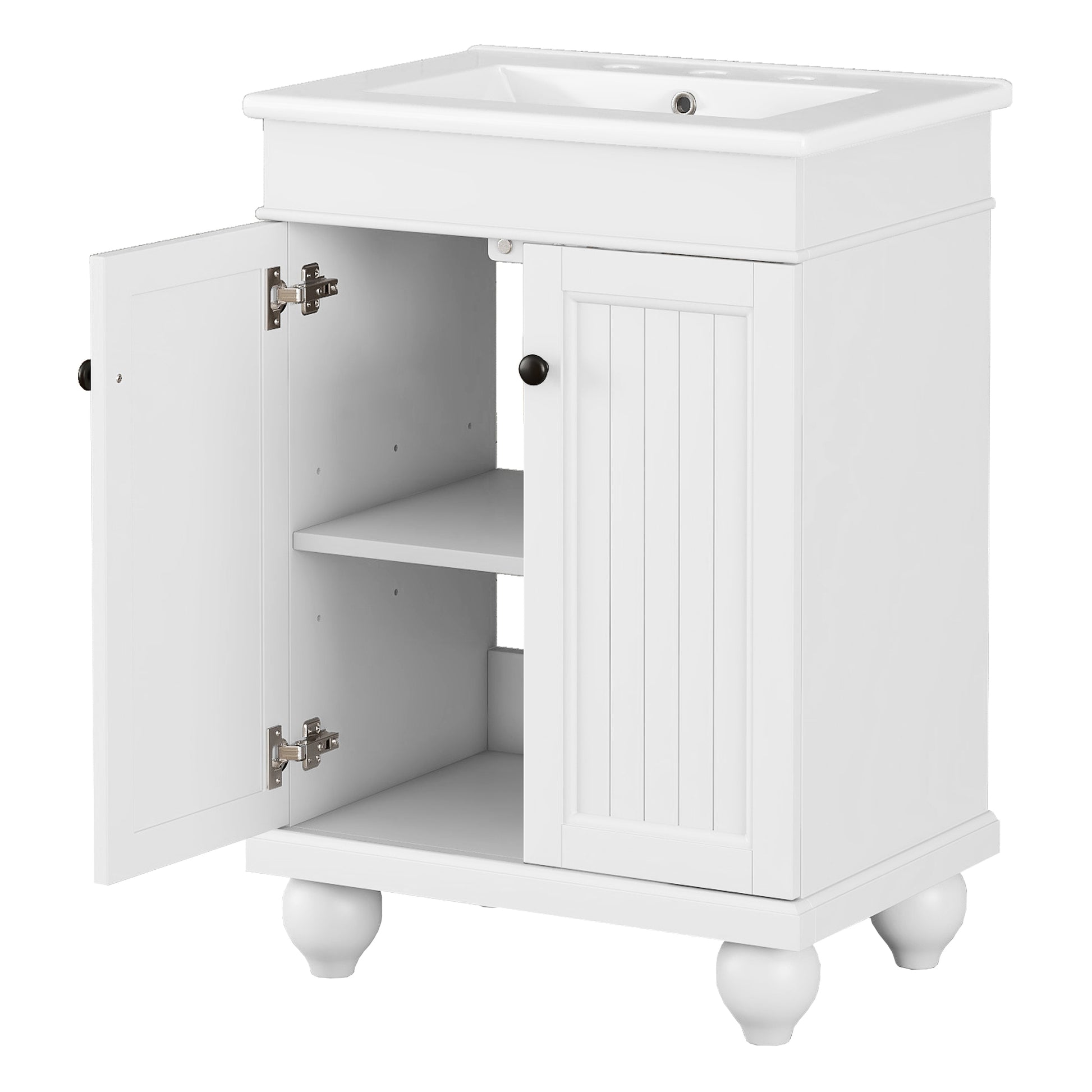 24" White Modern Sleek Bathroom Vanity Elegant Ceramic Sink With Solid Wood Frame, Adjustable Shelf White Solid Wood Mdf