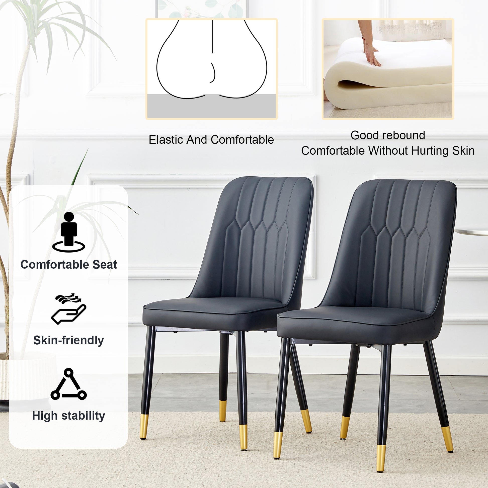 Table And Chair Set.Modern Rectangular Dining Table With Black Textured Stickers Glass Tabletop And Gold Plated Metal Legs.Paried With 4 Comfortable Chairs With Pu Seats And Black Metal Legs. Black Gold Seats 4 Glass Metal