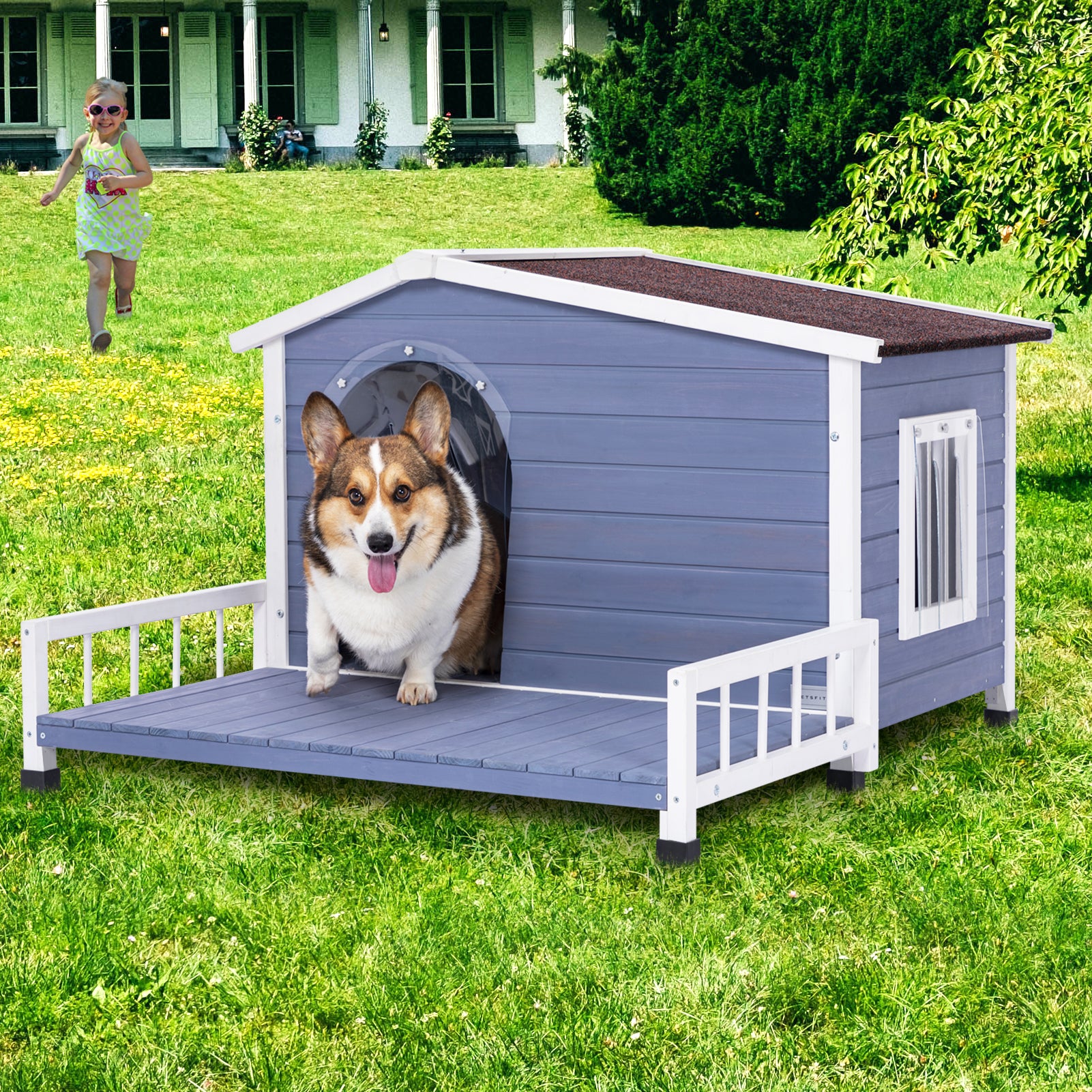 Large Wooden Dog House Indoor Outdoor With Terrace And Open Waterproof Asphalt Roof, Outdoor Dog House With Raised Floor, Windows And Door Curtains, Suitable For Small And Medium Dogs Grey Outdoor Use Dog Solid Wood