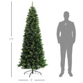 Homcom 7.5Ft Tall Pencil Artificial Christmas Tree Holiday D Cor With 1075 Branches, Auto Open, Steel Base, Pine Needles, Green Green Plastic