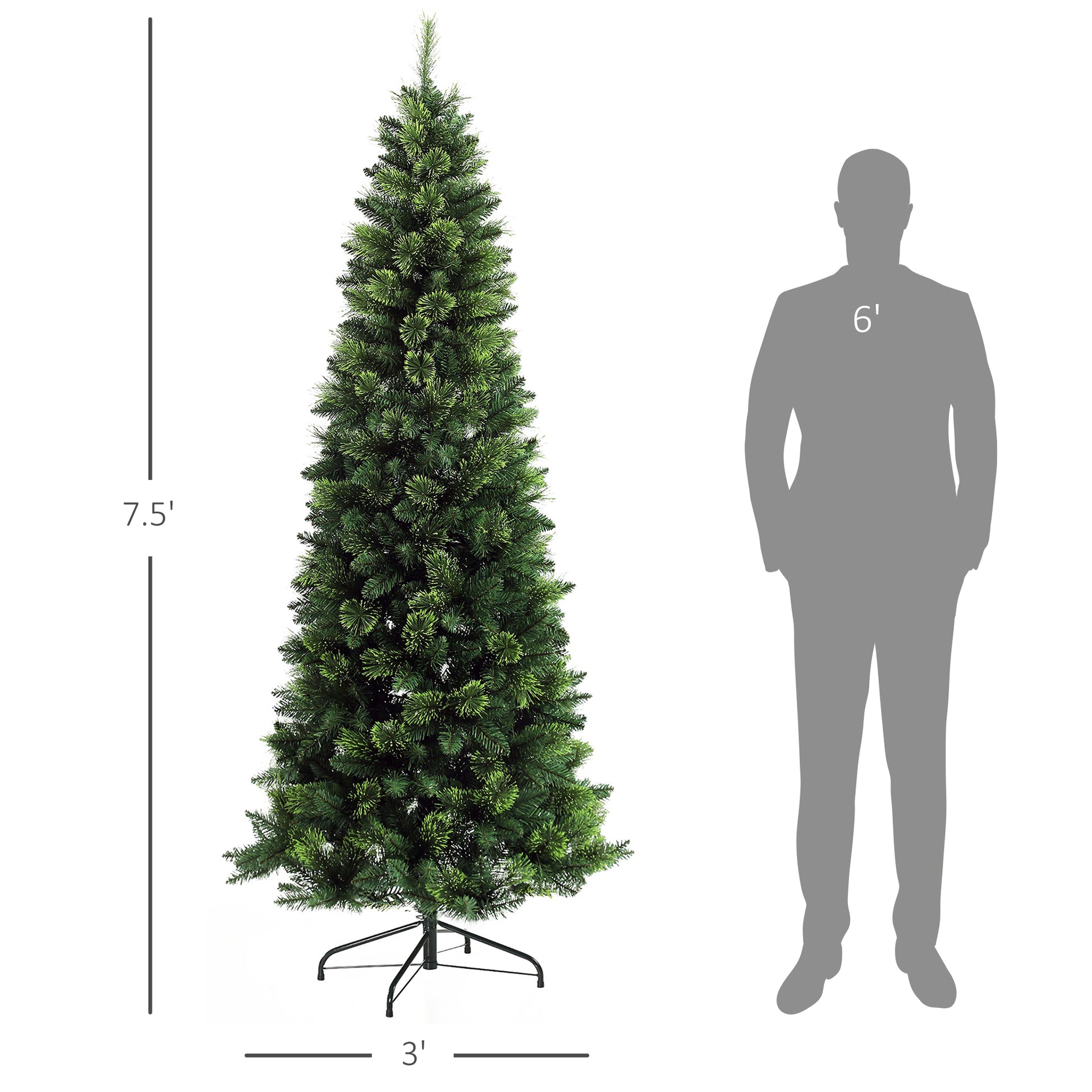 Homcom 7.5Ft Tall Pencil Artificial Christmas Tree Holiday D Cor With 1075 Branches, Auto Open, Steel Base, Pine Needles, Green Green Plastic