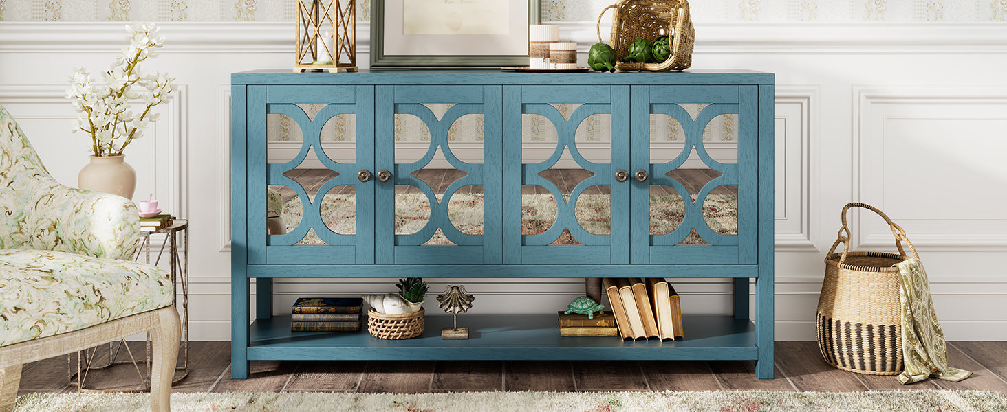 Elegant Retro Console Table Storage Cabinet Sideboard With Mirrored Doors, Spacious Shelves, And Durable Acacia Wood Legs Perfect For Living Room, Dining Room, Or Entryway Antique Navy Antique Navy Primary Living Space Solid Wood Mdf