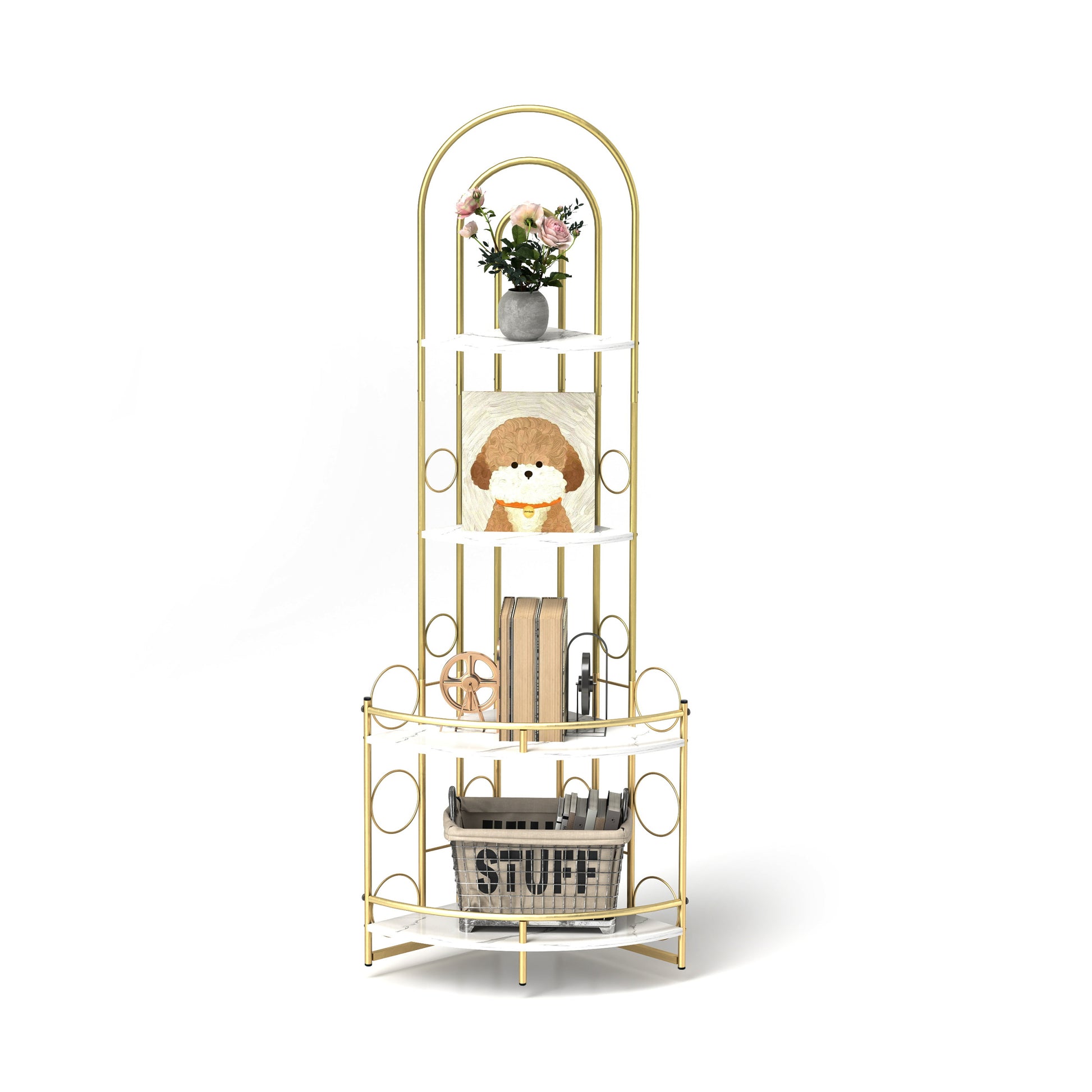 Gold 4 Tier Corner Bookshelf, Modern Style, Plant Stand With Metal Frame Gold White Metal Metal,Particle Board