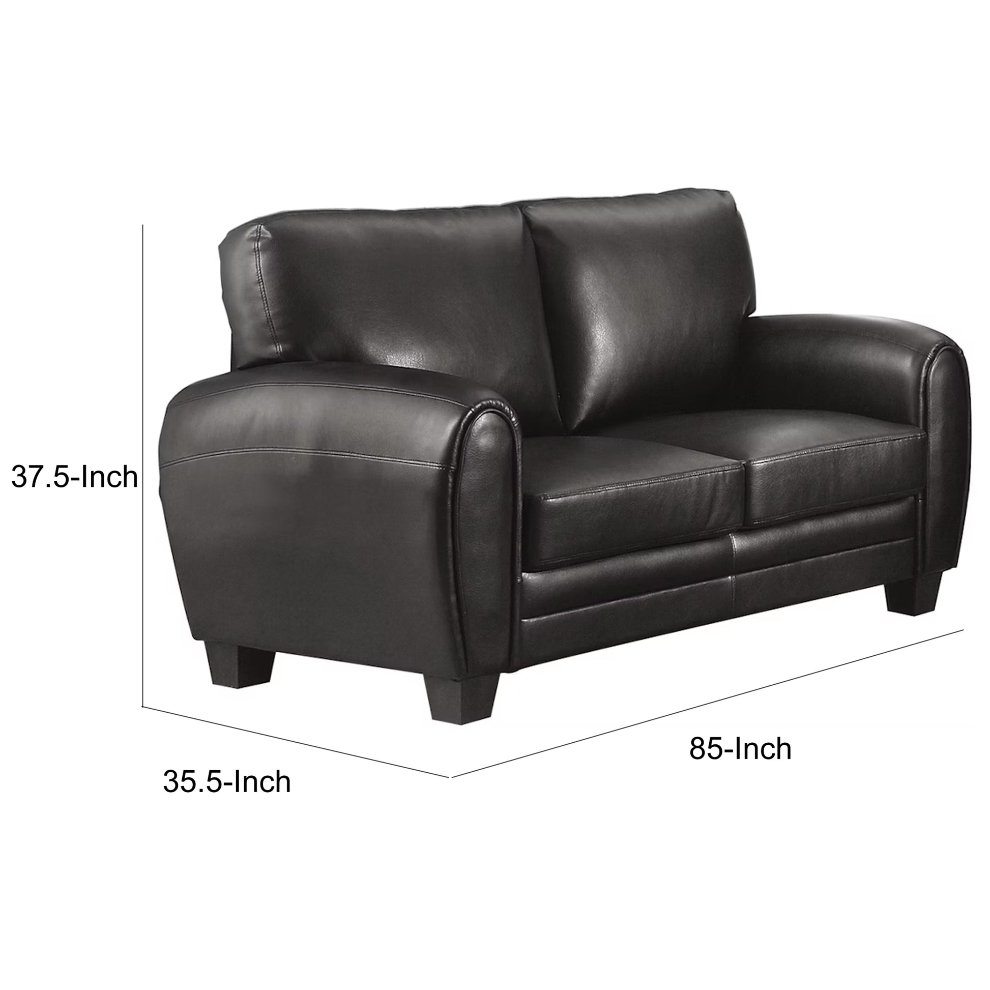 Cushioned Loveseat Upholstered In Black Bonded Leather Black Wood 2 Seat