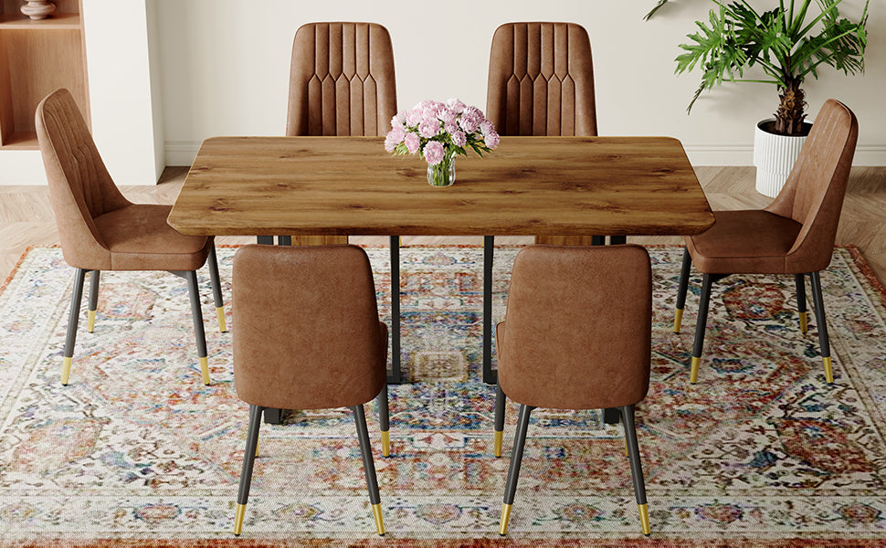 Table And Chair Set.67"X36" Wood Textured Mdf Dining Table Set With 6 Brown Suede Chairs.Mdf Sticker,Wood Colored Texture Sticker,Brown Armless Dining Chair,Suitable For Kitchen,Dining Room,Etc.