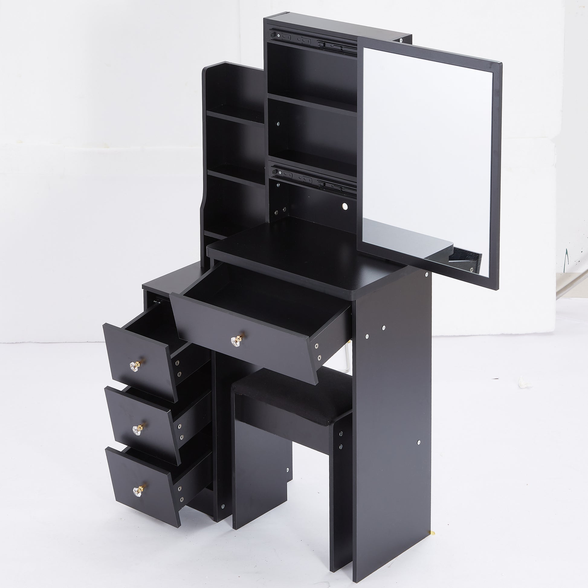 Small Size Left Bedside Cabinet Vanity Table Cushioned Stool, Extra Large Sliding Mirror, Multi Layer, High Capacity Storage Fashionable Dresser, Suitable For Small Space, Epa,Gcc,Ul Certificate