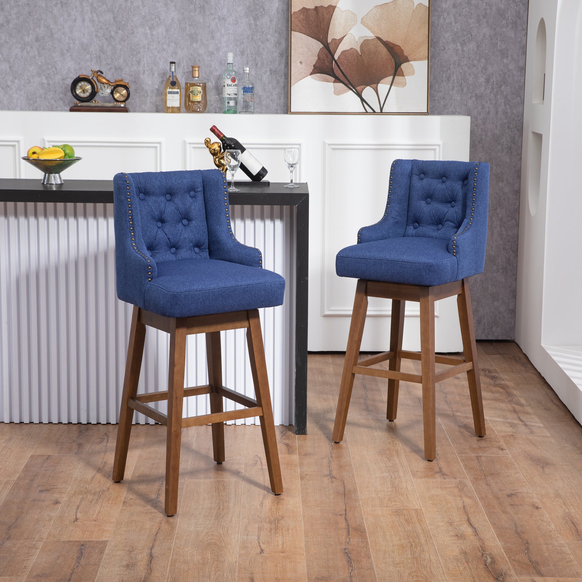 Coolmore Bar Stools Set Of 2 Counter Height Chairs With Footrest For Kitchen, Dining Room And 360 Degree Solid Wood Legs Swivel Bar Stools Set Of 2 Navy Linen Navy Foam Linen
