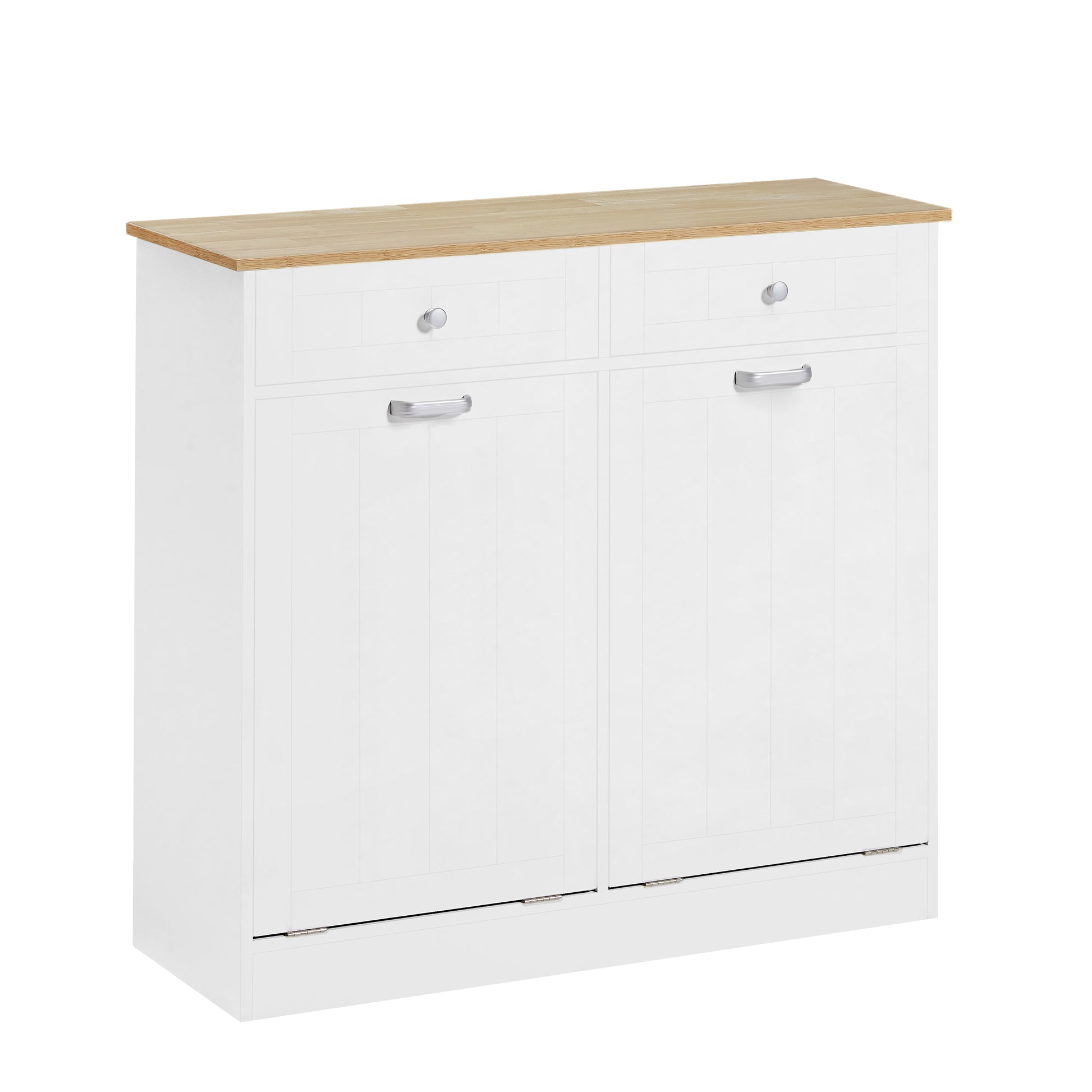 Two Compartment Tilt Out Trash Cabinet, Pet Proof Kitchen Trash Cabinet With Cutting Board, Free Standing Laundry Sorter Cabinet, Laundry Hamper, White White Light Oak Particle Board