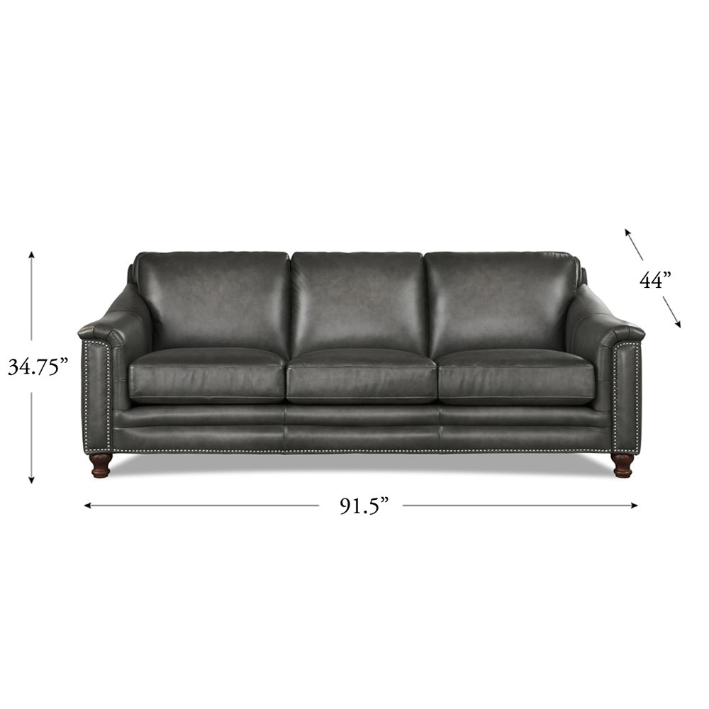 Belfast Top Grain Leather Sofa Couch Gun Ash Genuine Leather Wood Primary Living Space Medium Firm Cushion Back Mid Century Modern Eucalyptus Square Arms Down Filling Leather 3 Seat