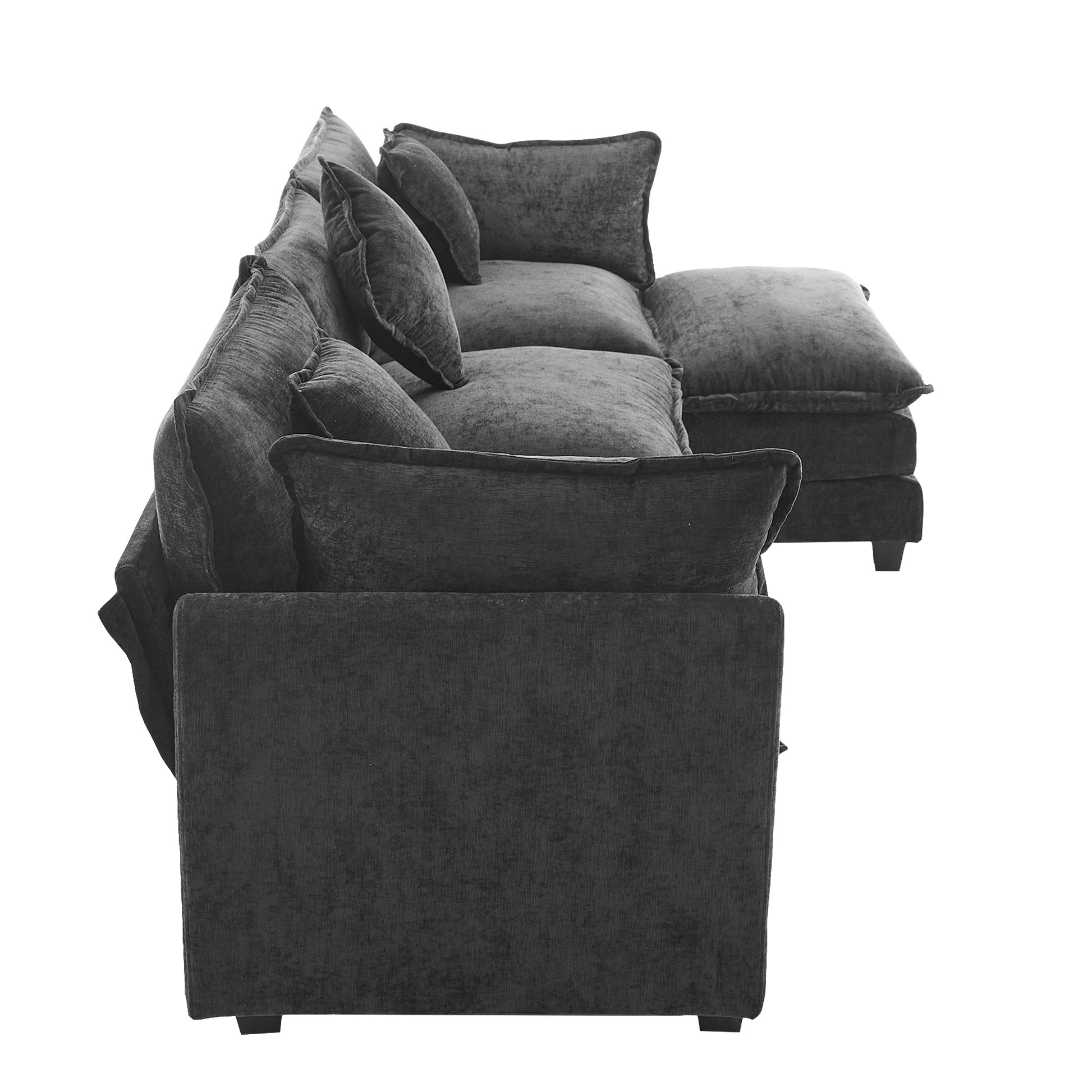 112.2" L Shape Chenille Upholstered Sofa For Living Room Modern Luxury Sofa Couch With Ottoman And 5 Pillows For Living Room Sg001160Aa , Black Black Foam 4 Seat