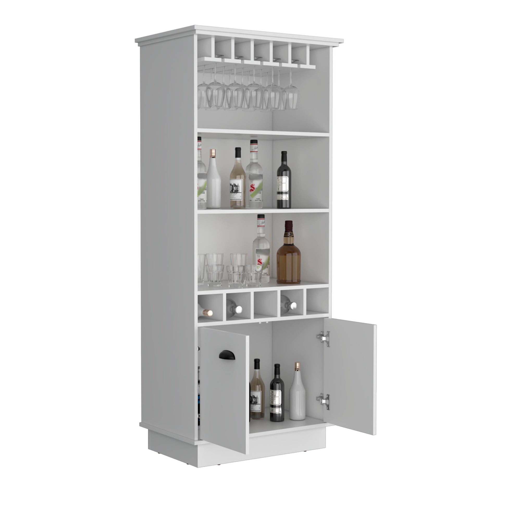 Dundee 70 Inch High 10 Glass Bar Cabinet With 5 Cubbies And 3 Open Shelves And Cabinet White Primary Living Space Modern Shelves Included Particle Board