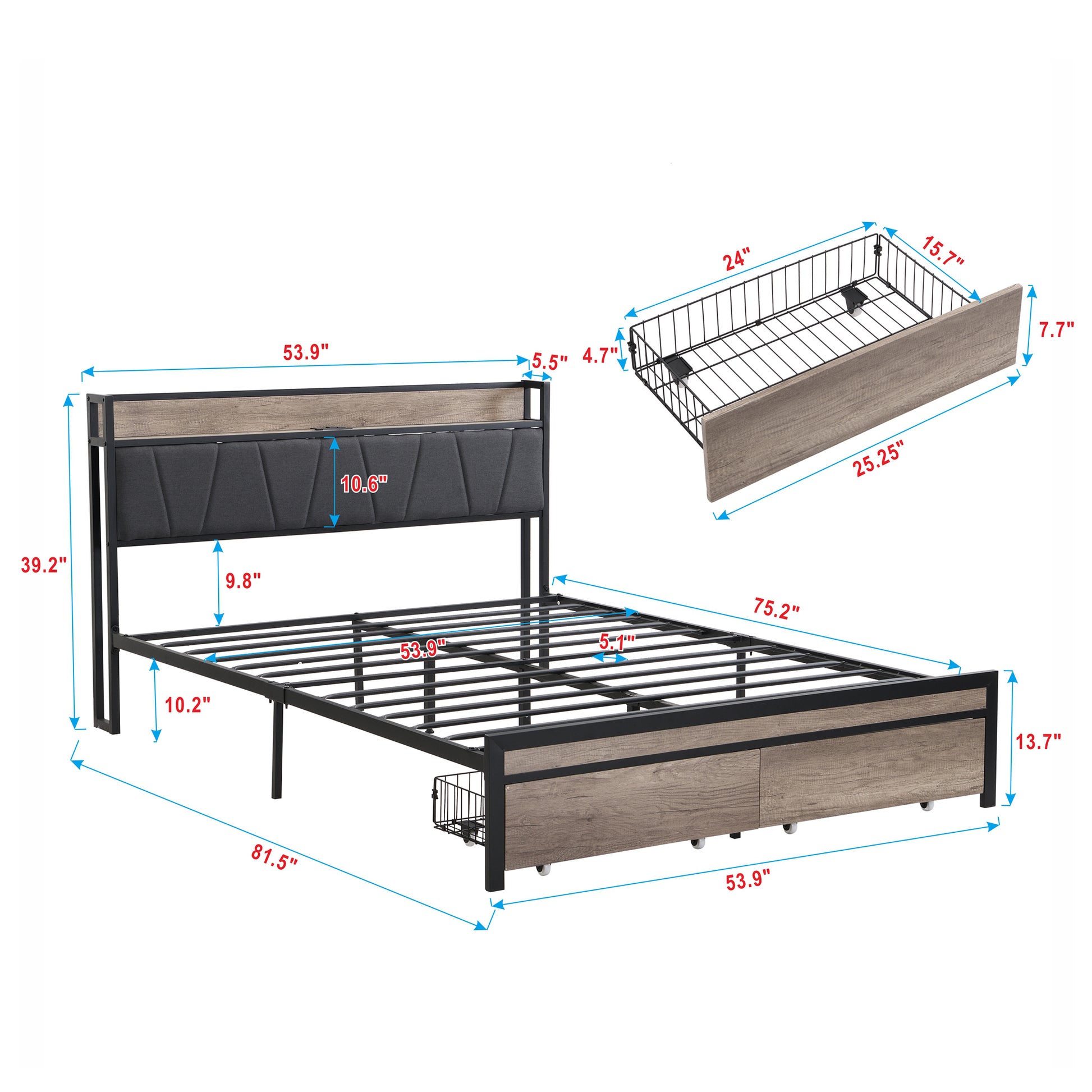 Full Size Metal Platform Bed Frame With Upholstery Storage Function Headboard And Usb Liner And Footboard With Drawers, No Box Spring Needed, Large Under Bed Storage, Easy Assemble Full Black Grey Mdf Metal