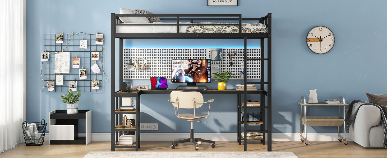 Twin Xl Metal Loft Bed With Desk And Shelves, Loft Bed With Ladder And Guardrails, Loft Bed Frame For Bedroom, Black Twin Xl Black Metal