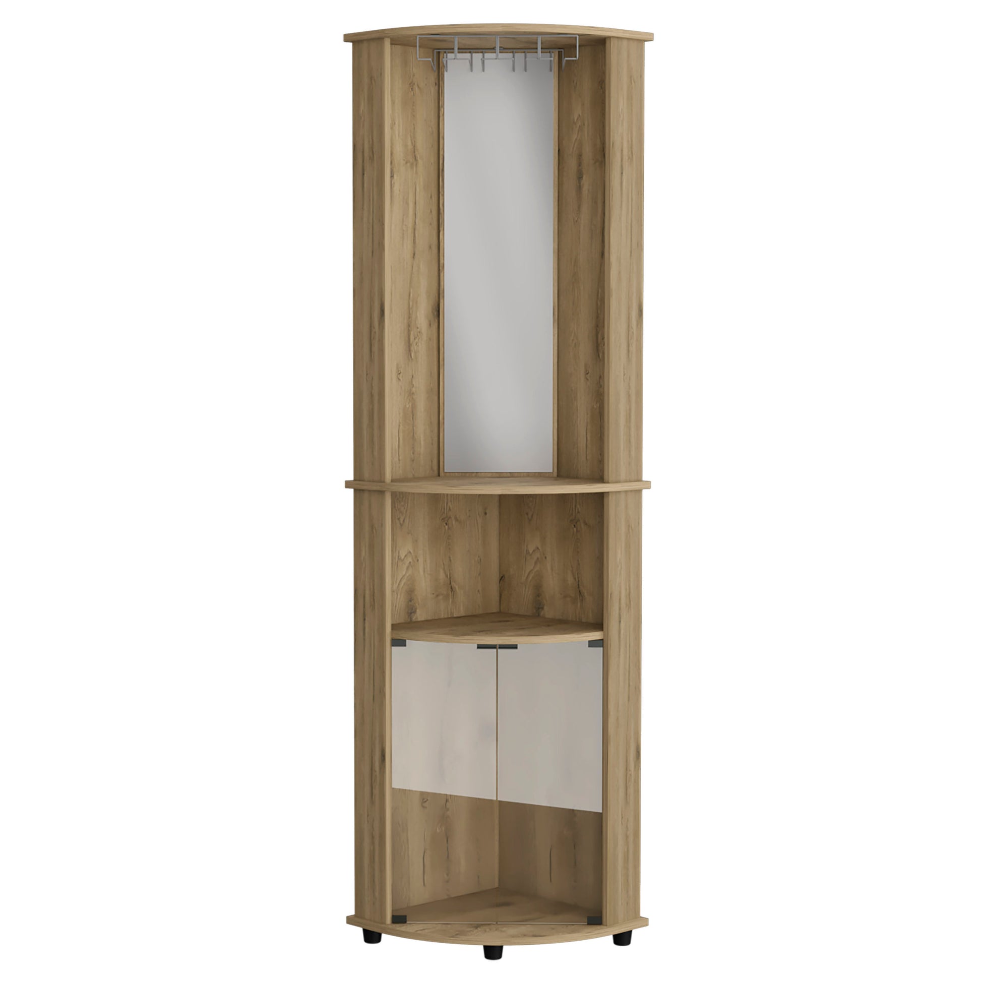 Chicago 75" H Mirrored Corner Bar Cabinet, With Glass Doors, Two Shelves And Stemware Macadamia Natural Walnut Particle Board