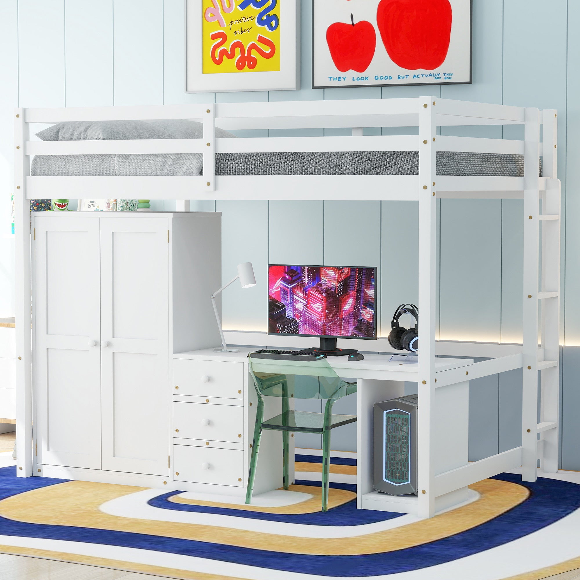 Full Size Loft Bed With Wardrobe, Desk And Storage Drawers, White Full White Pine