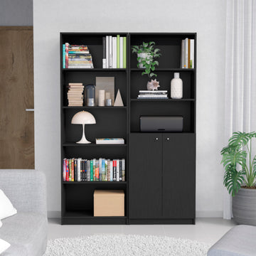 Layton 2 Piece Home Bookcase Set, 49" Wide With 8 Shelves And Double Door Cabinet, Living Room Set Black Freestanding 5 Or More Drawers Black Office Adjustable Shelves Modern Particle Board