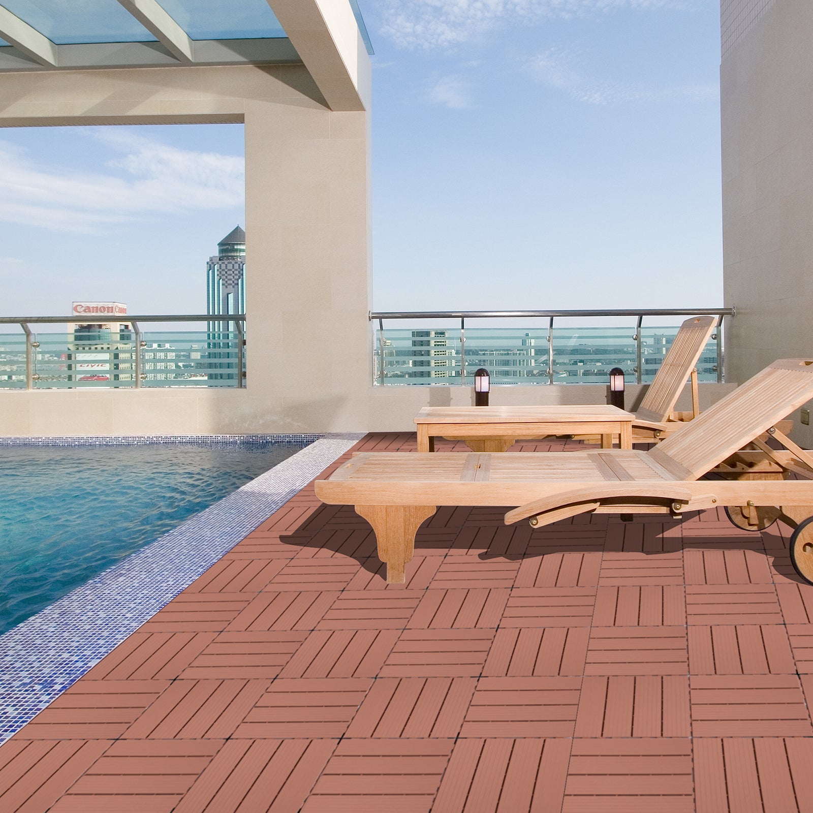 Plastic Interlocking Deck Tiles, 11.8"X11.8" Pack Of 44 , Patio Flooring Outdoor Waterproof All Weather Use For Garden Poolside Front Back Yard, Mahogany Colour Mahogany Plastic