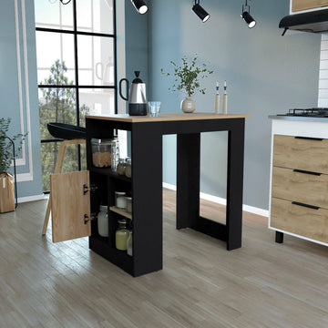 Kitchen Island 36" H, Three Open Side Storage Shelves And One Push To Open Cabinet, Black Natural Oak Multicolor Solid Wood Mdf Engineered Wood