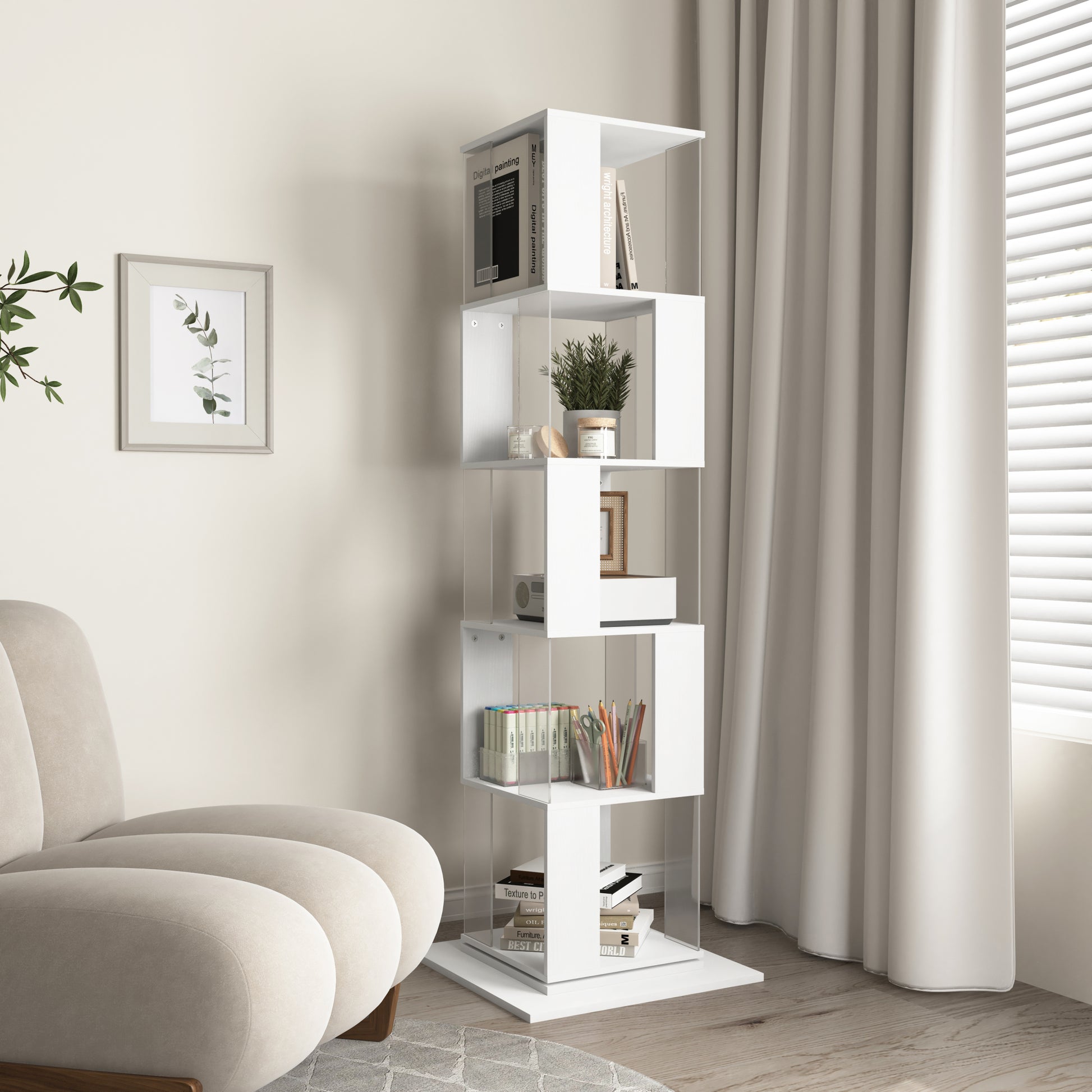 5 Tier Rotating Bookshelf, Floor Rack Simple Bookcase With Acrylic Plate Student Multi Function Creative Bookshelf For Living Room With Anti Toppling Base White Particle Board