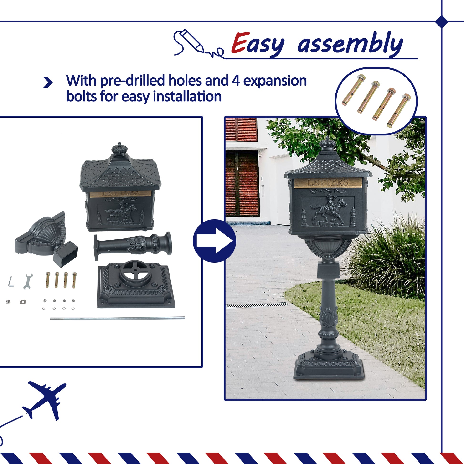 Mailbox Cast Aluminum Black Mail Box Postal Box Security Heavy Duty Black Aluminium